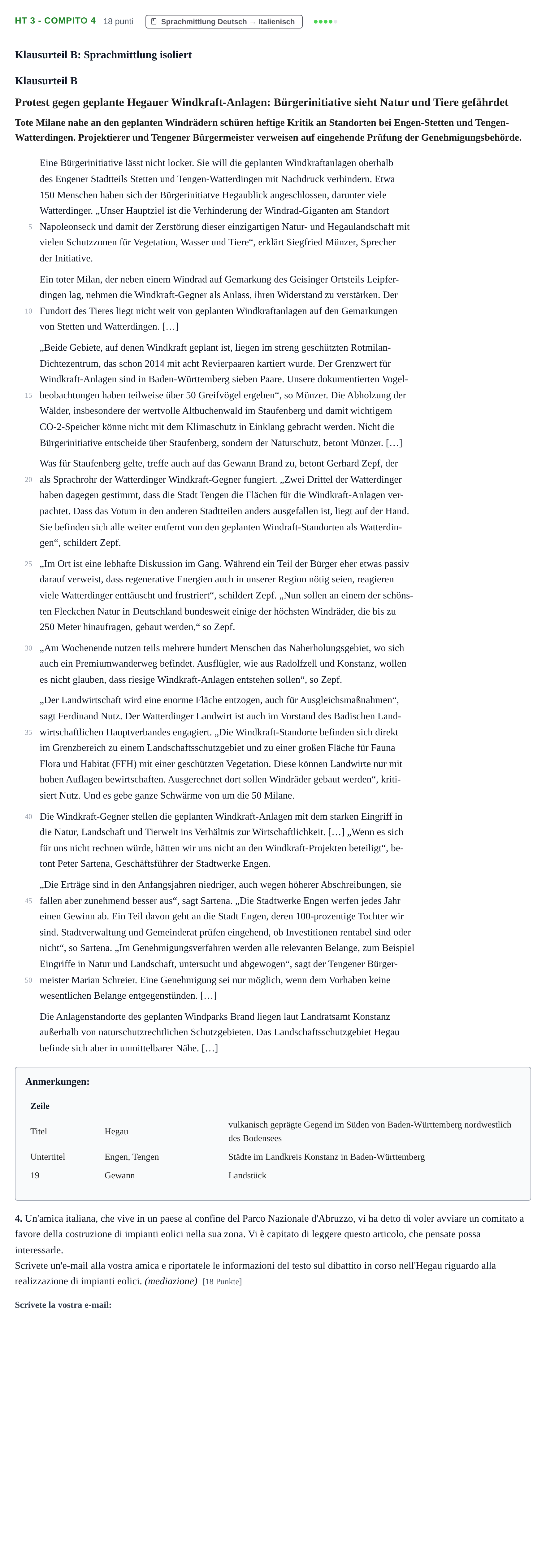 Aufgabenstellung: Aufgabe HT 3 - Compito 4 · Abitur NRW Italienisch LK · Haupttermin · fortgeführt 2022