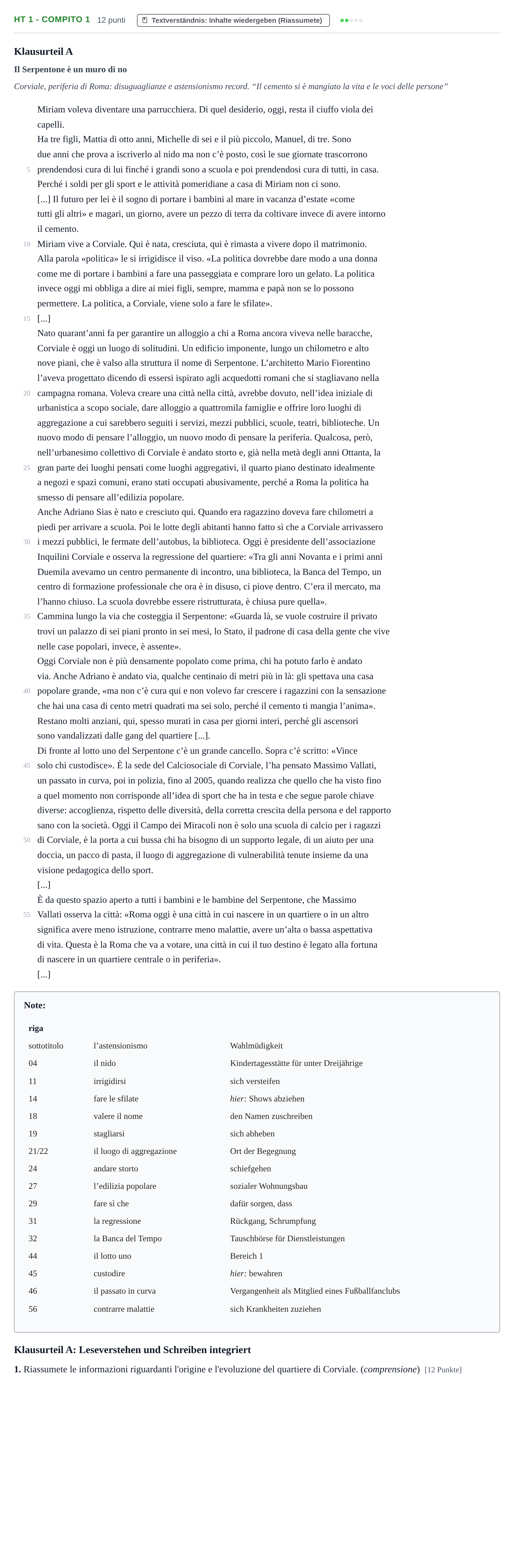 Aufgabenstellung: Aufgabe HT 1 - Compito 1 · Abitur NRW Italienisch GK · Haupttermin · fortgeführt 2023