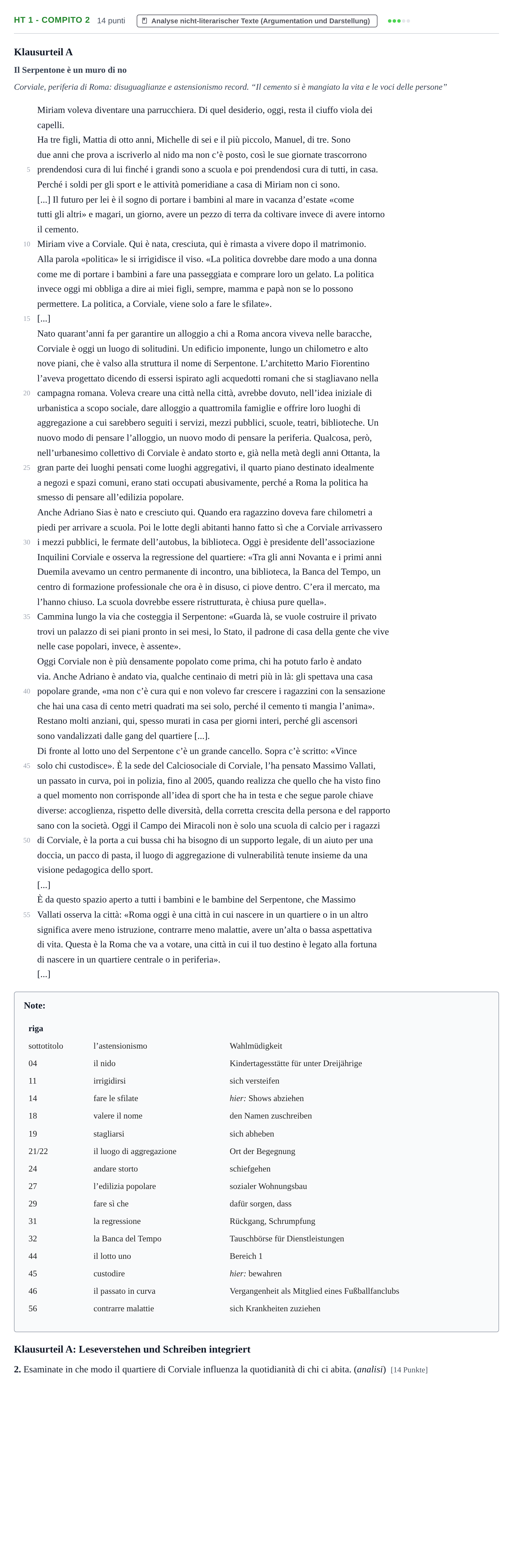 Aufgabenstellung: Aufgabe HT 1 - Compito 2 · Abitur NRW Italienisch GK · Haupttermin · fortgeführt 2023