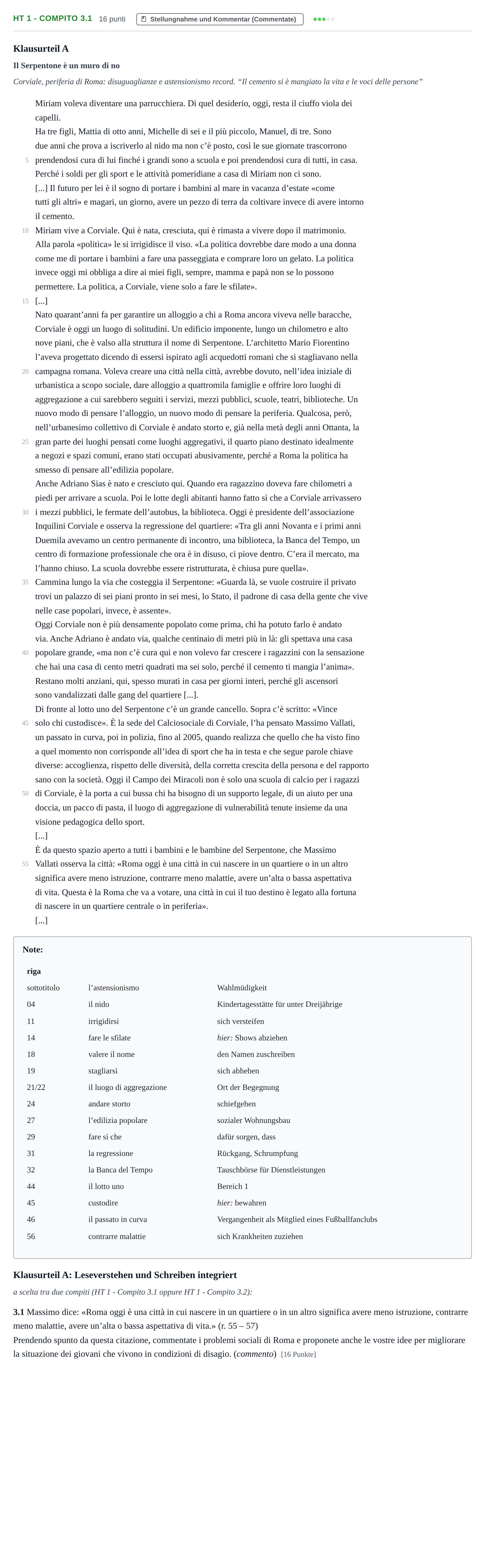 Aufgabenstellung: Aufgabe HT 1 - Compito 3.1 · Abitur NRW Italienisch GK · Haupttermin · fortgeführt 2023
