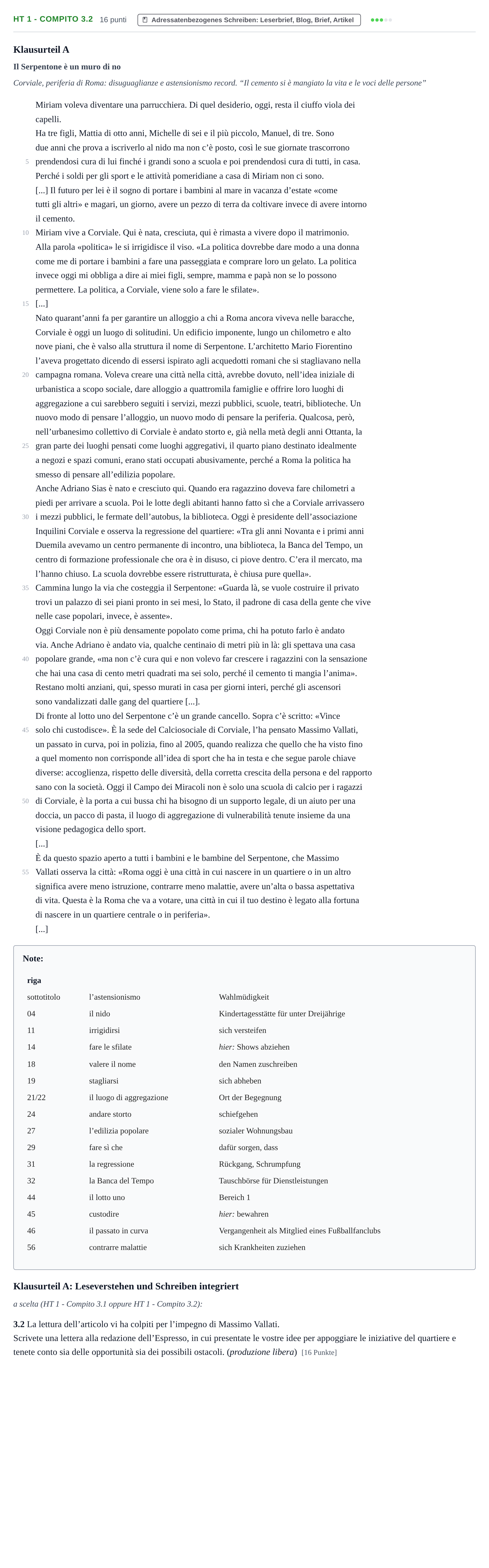 Aufgabenstellung: Aufgabe HT 1 - Compito 3.2 · Abitur NRW Italienisch GK · Haupttermin · fortgeführt 2023