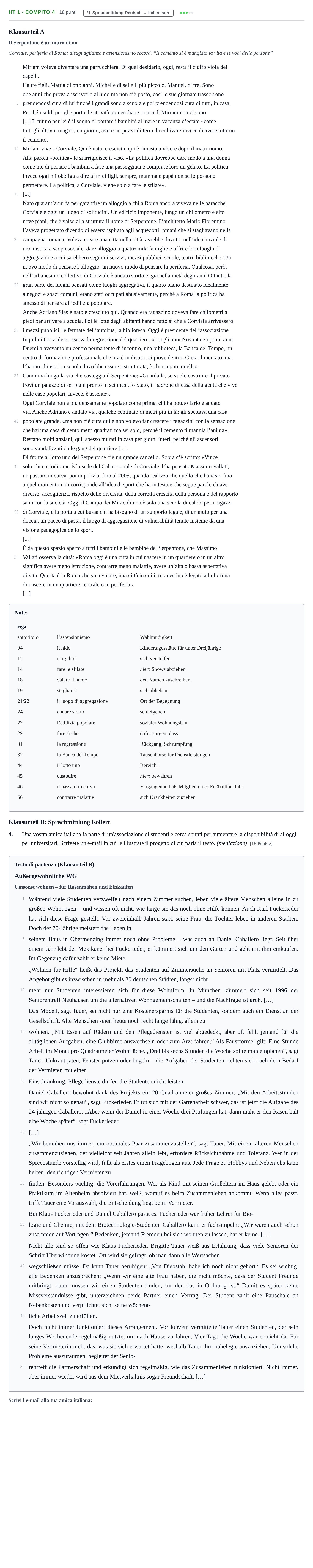 Aufgabenstellung: Aufgabe HT 1 - Compito 4 · Abitur NRW Italienisch GK · Haupttermin · fortgeführt 2023