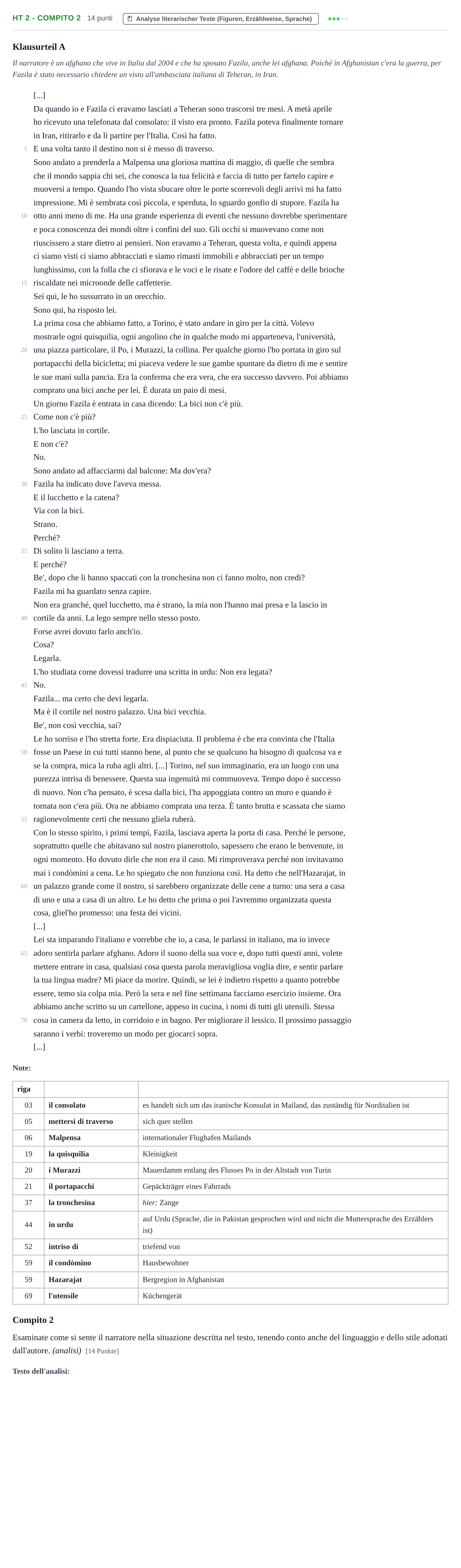 Aufgabenstellung: Aufgabe HT 2 - Compito 2 · Abitur NRW Italienisch GK · Haupttermin · fortgeführt 2023
