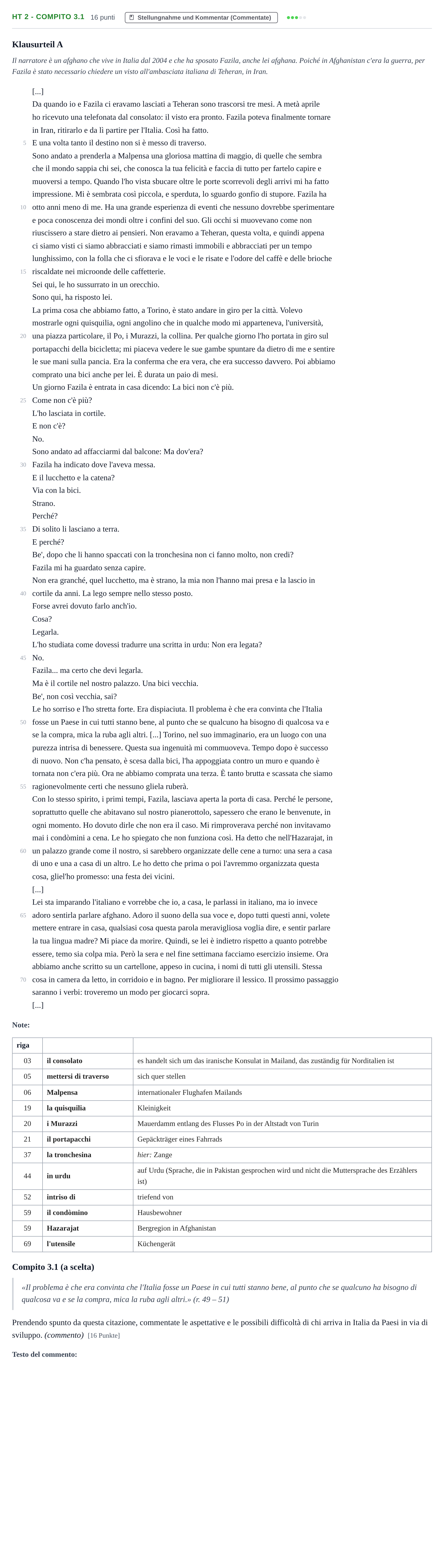 Aufgabenstellung: Aufgabe HT 2 - Compito 3.1 · Abitur NRW Italienisch GK · Haupttermin · fortgeführt 2023