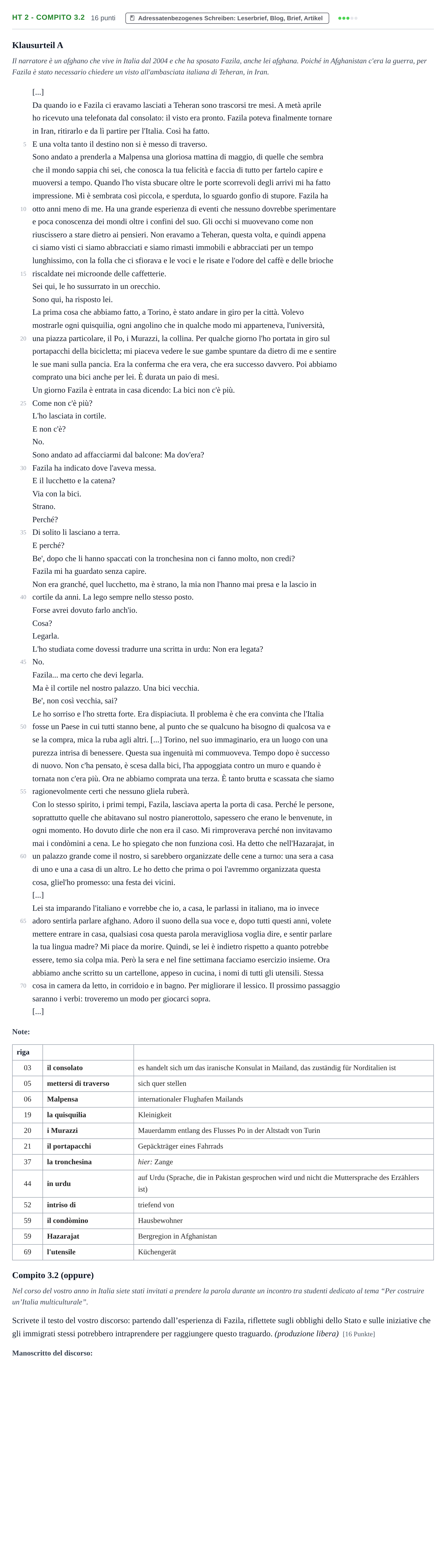 Aufgabenstellung: Aufgabe HT 2 - Compito 3.2 · Abitur NRW Italienisch GK · Haupttermin · fortgeführt 2023