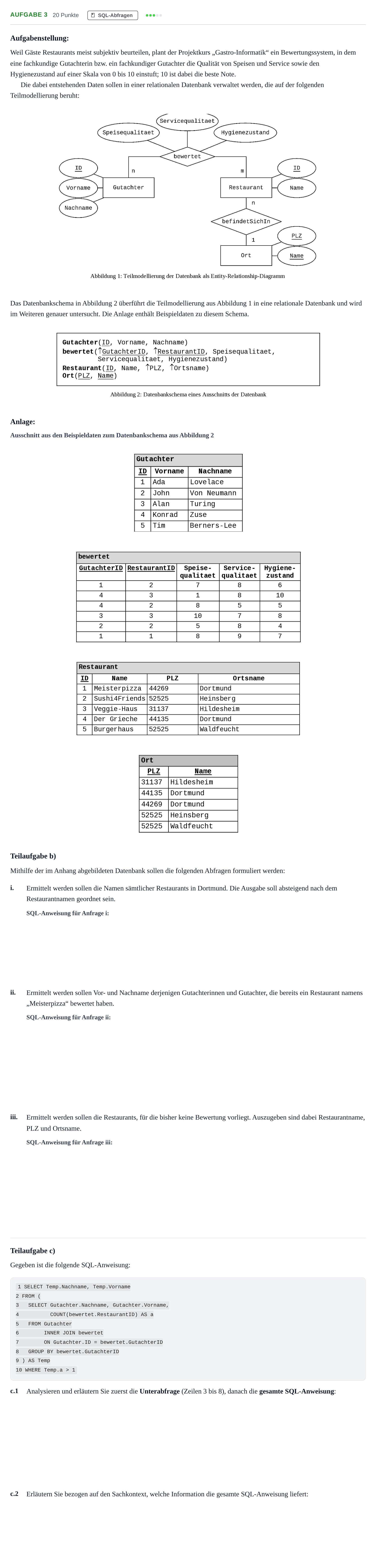 Aufgabenstellung: Aufgabe 3 - SQL-Abfragen · Abitur NRW Informatik GK · Haupttermin 2022