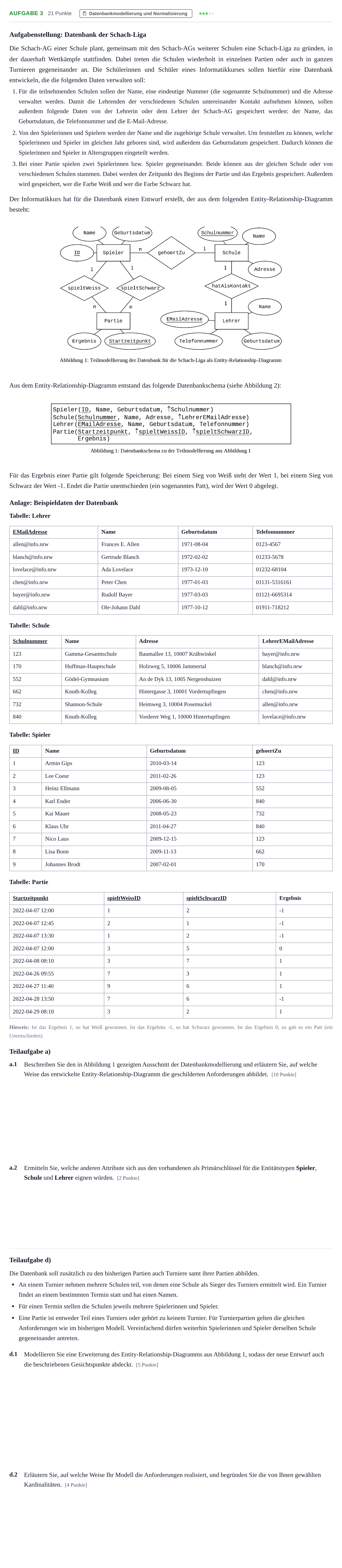 Aufgabenstellung: Aufgabe 3 - Datenbankmodellierung · Abitur NRW Informatik GK · Nachtermin 2022