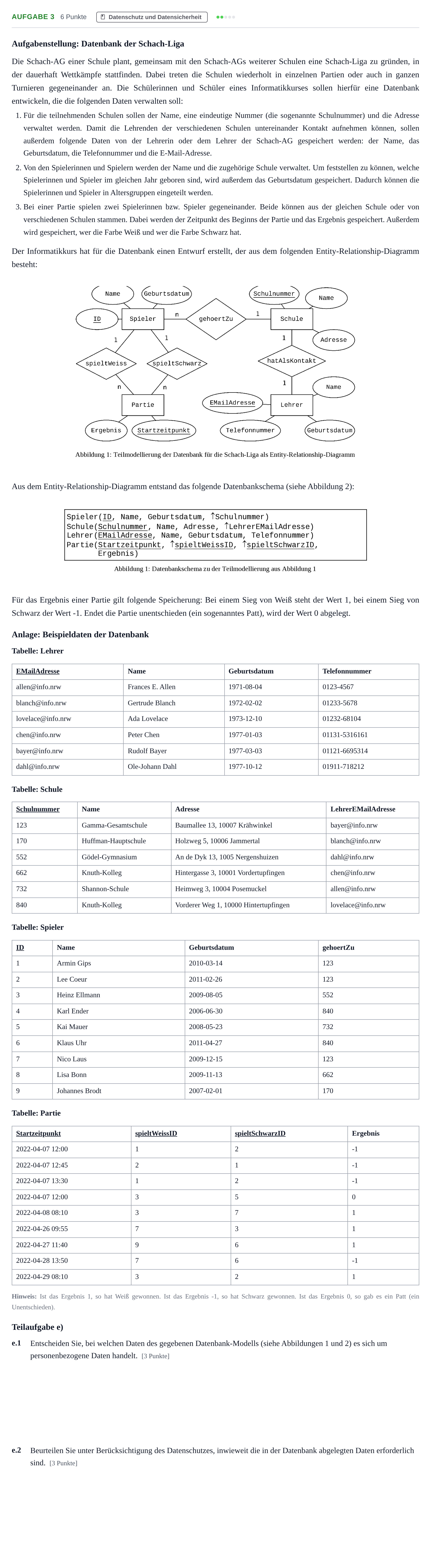 Aufgabenstellung: Aufgabe 3 - Datenschutz · Abitur NRW Informatik GK · Nachtermin 2022