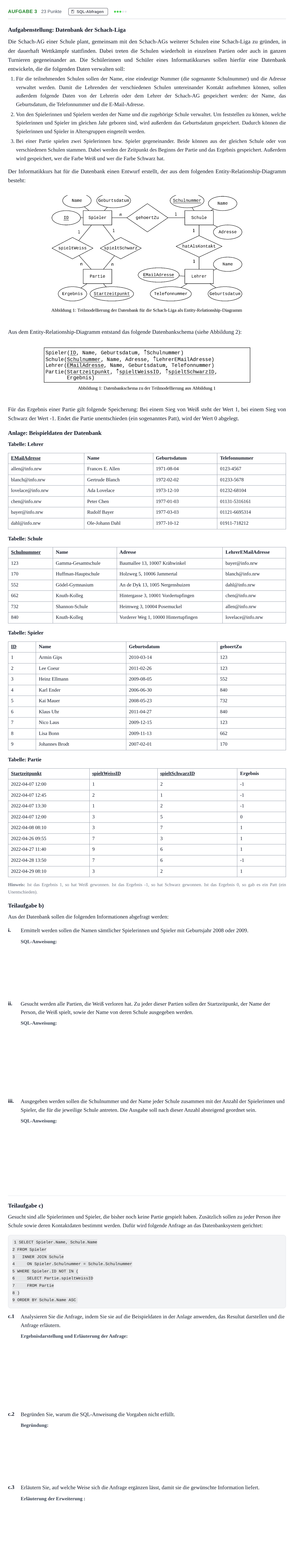 Aufgabenstellung: Aufgabe 3 - SQL-Abfragen · Abitur NRW Informatik GK · Nachtermin 2022