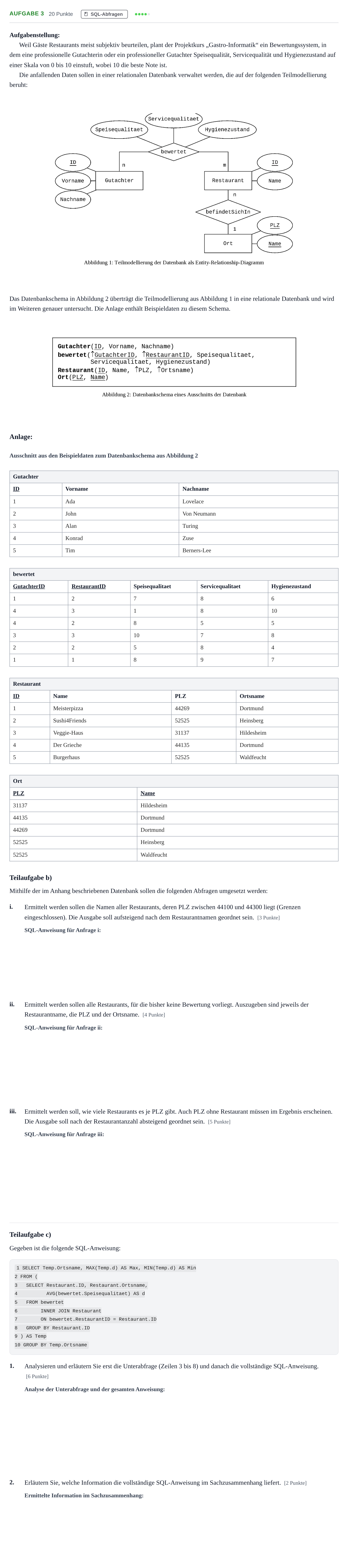 Aufgabenstellung: Aufgabe 3 - SQL-Abfragen · Abitur NRW Informatik LK · Haupttermin 2022
