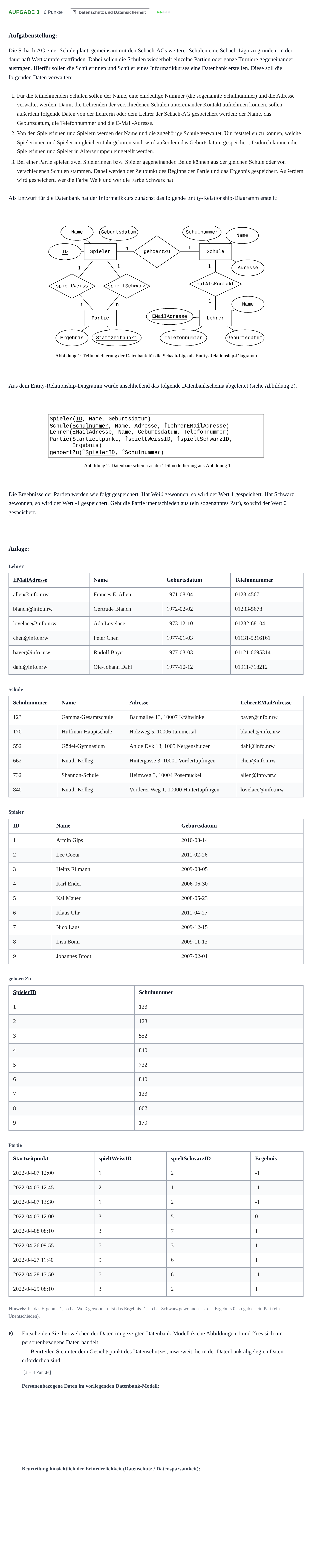 Aufgabenstellung: Aufgabe 3 - Datenschutz · Abitur NRW Informatik LK · Nachtermin 2022