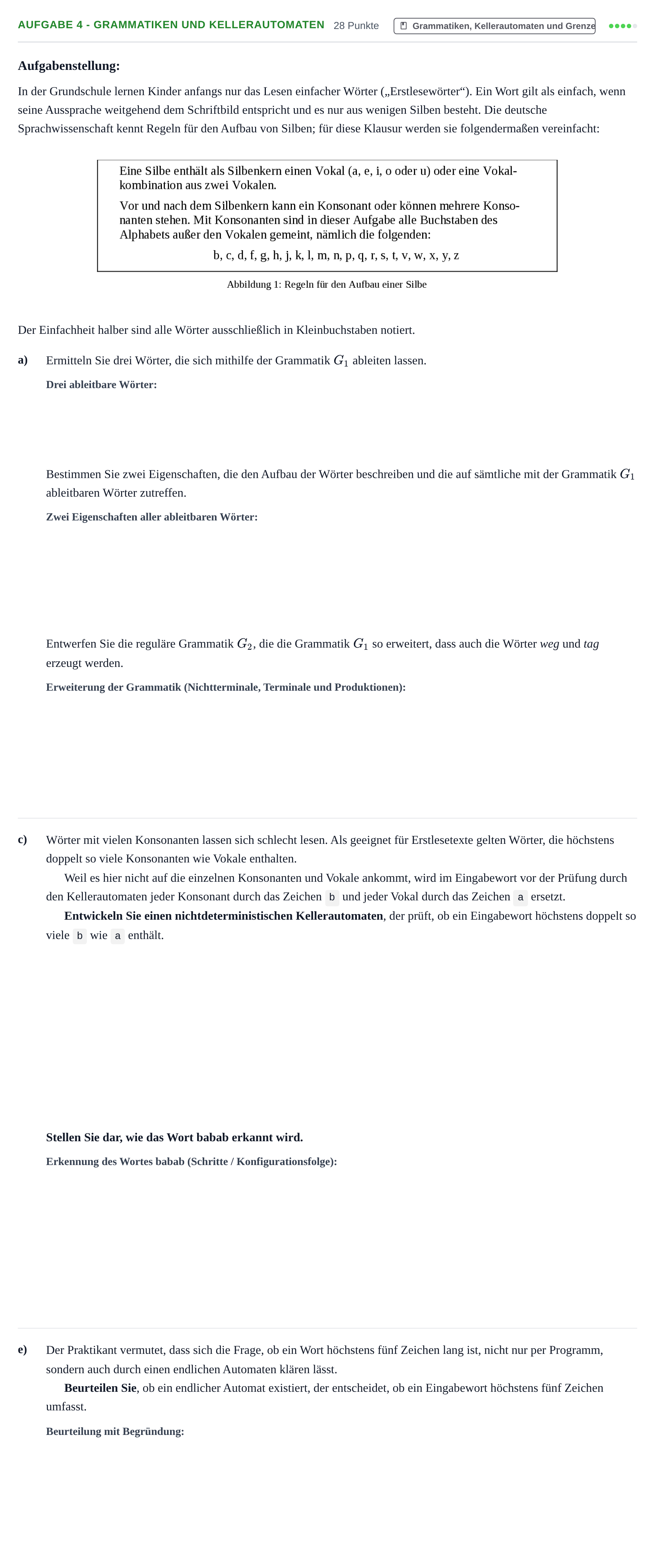 Aufgabenstellung: Aufgabe 4 - Grammatiken und Kellerautomaten · Abitur NRW Informatik LK · Nachtermin 2022