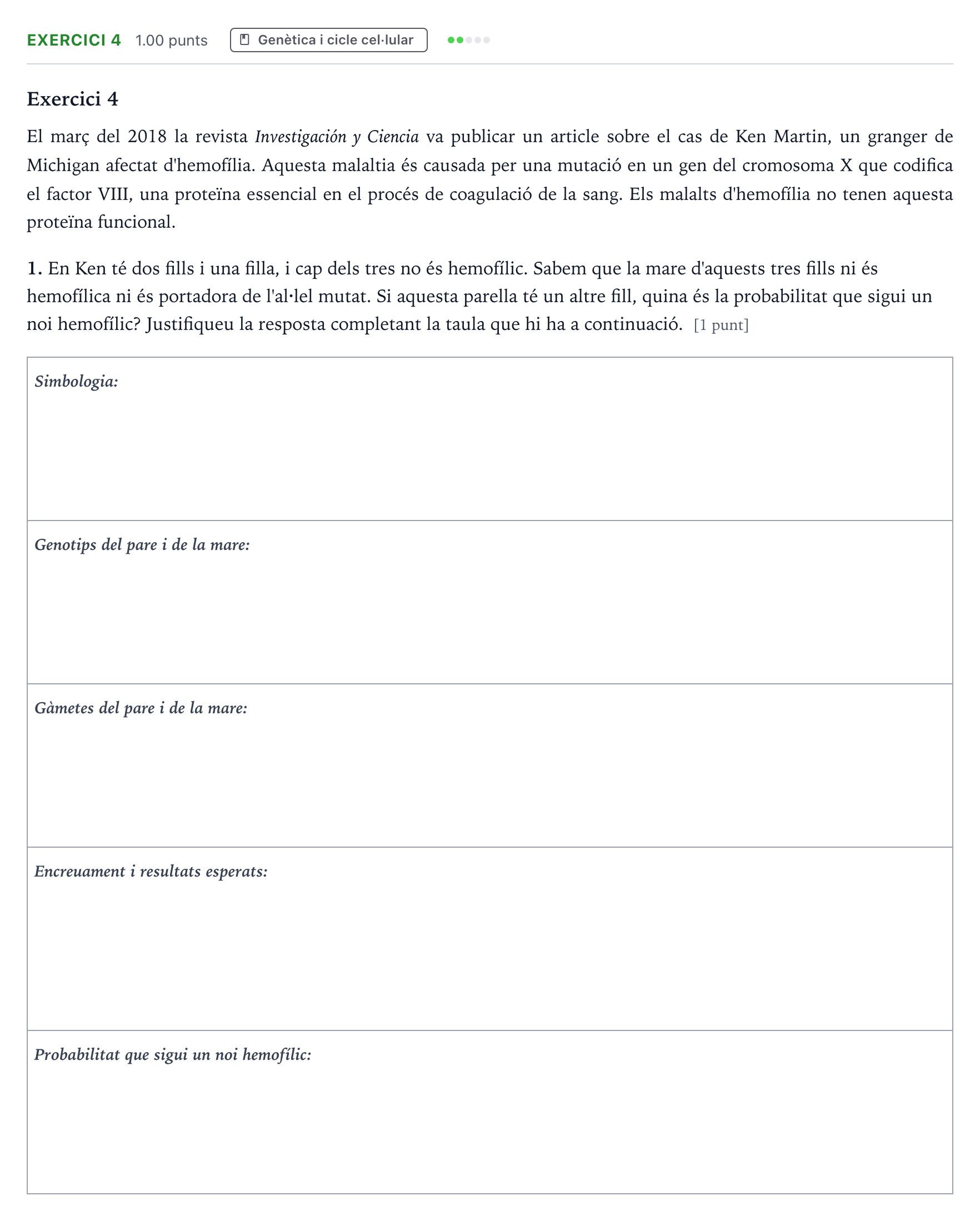 Enunciado: Exercici 4 - Genètica · Biología Selectividad Cataluña Juny Serie 5 2021