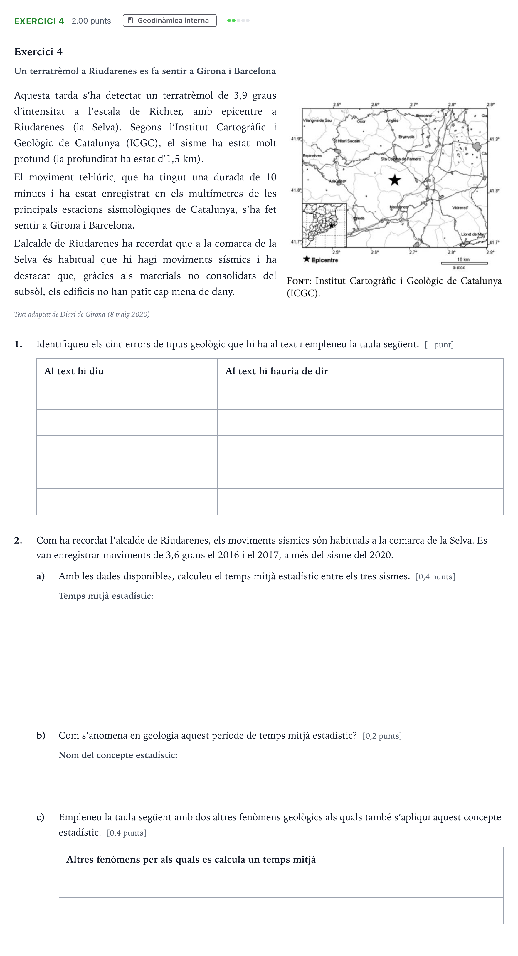 Enunciado: Exercici 4 · Ciencias de la Tierra y del Medio Ambiente Selectividad Cataluña Setembre Serie 1 2021