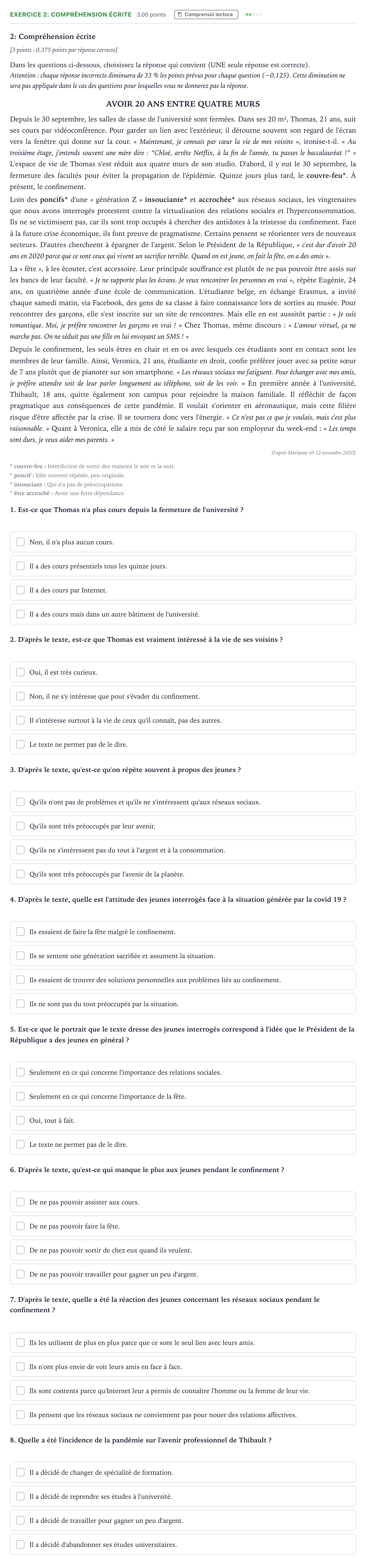 Enunciado: Ejercicio 2: Compréhension écrite · Francés Selectividad Cataluña Setembre Serie 1 2021