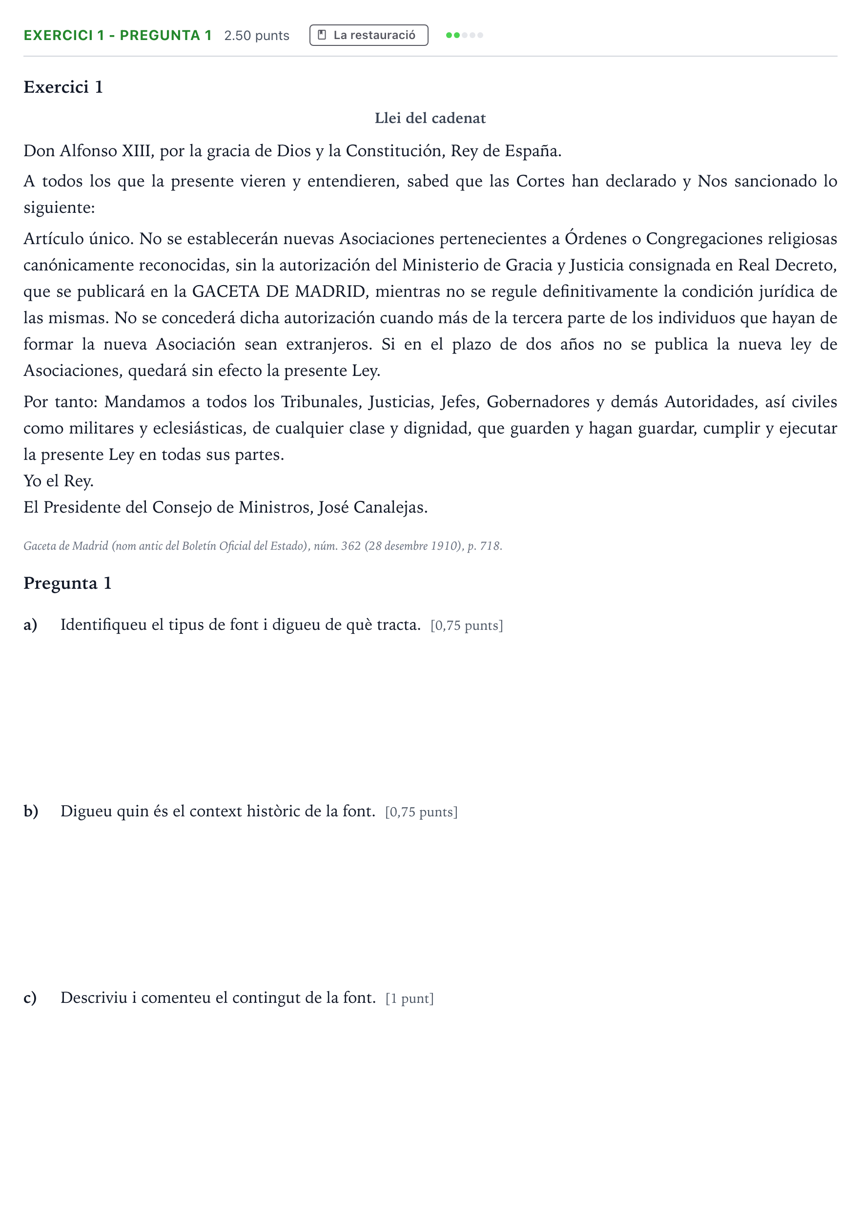 Enunciado: Exercici 1 - Pregunta 1 · Historia de España Selectividad Cataluña Juny Serie 2 2021