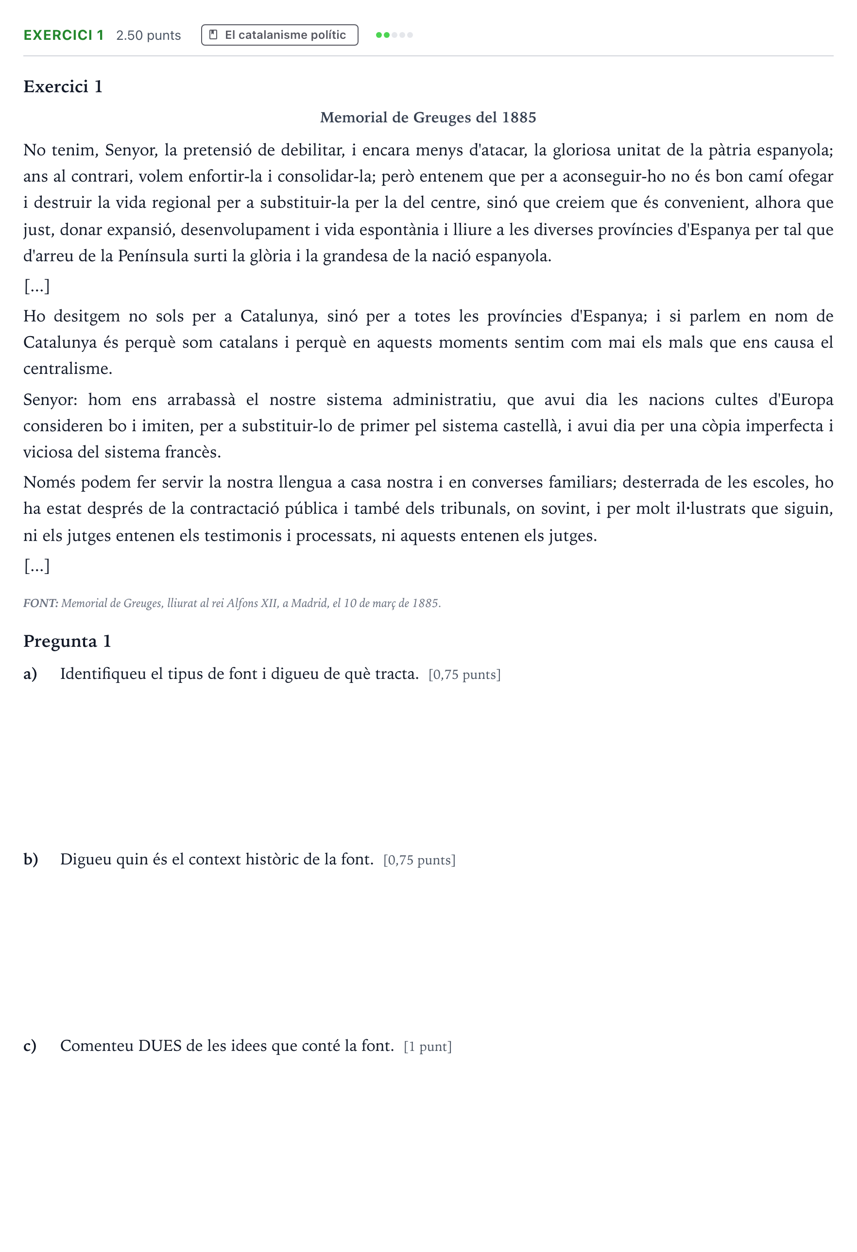 Enunciado: Exercici 1 · Historia de España Selectividad Cataluña Juny Serie 5 2021