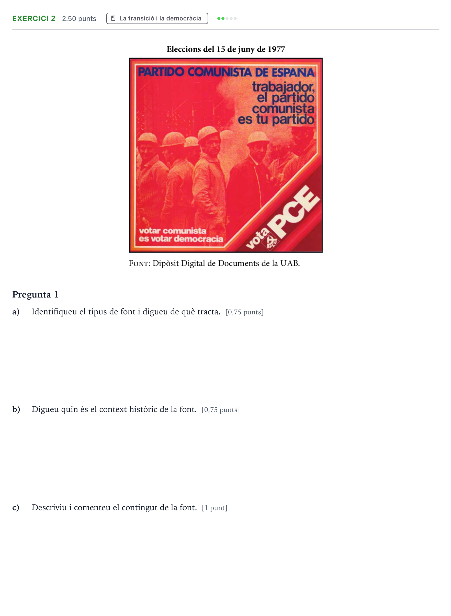 Enunciado: Exercici 2 · Historia de España Selectividad Cataluña Juny Serie 5 2021