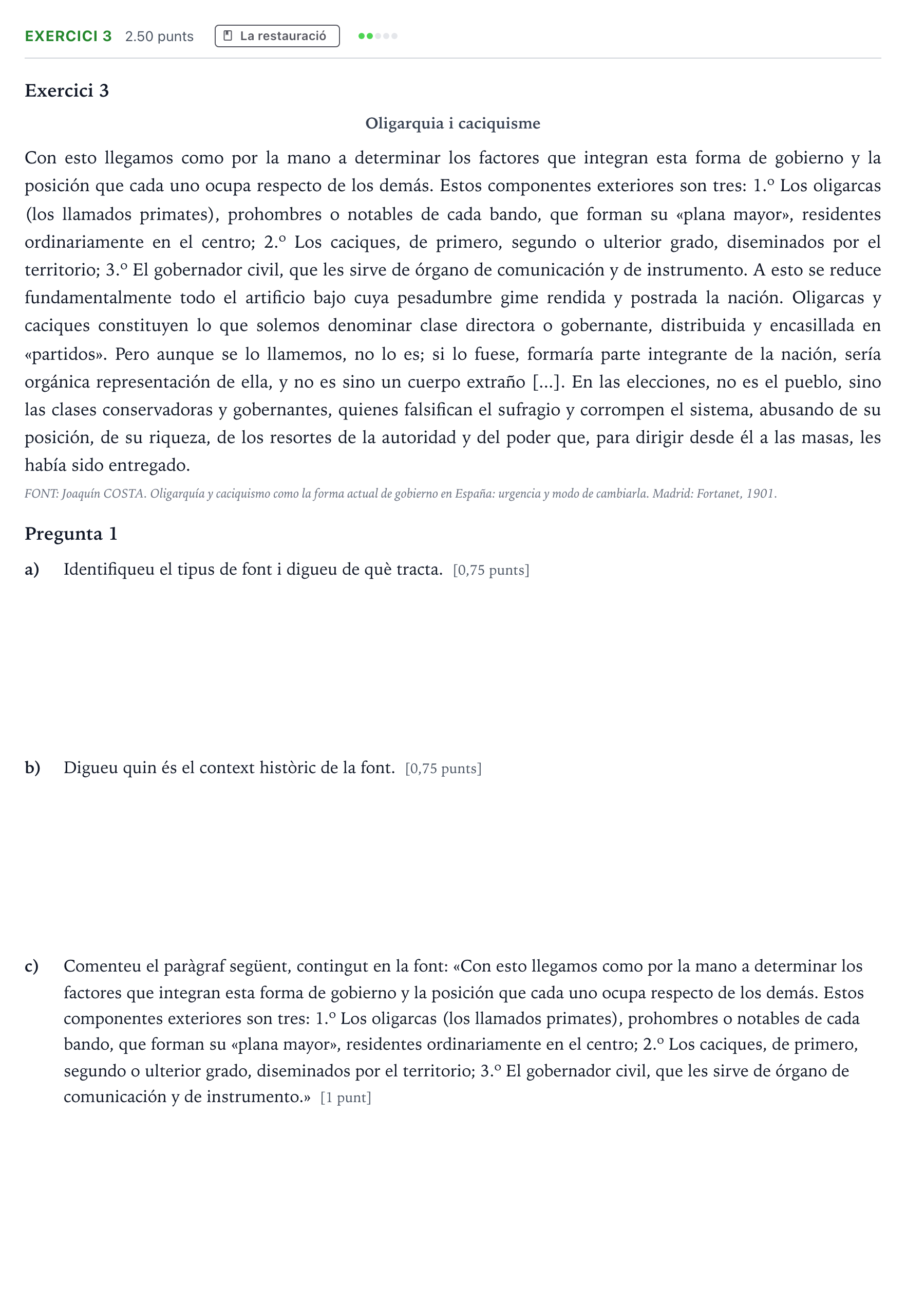 Enunciado: Exercici 3 · Historia de España Selectividad Cataluña Juny Serie 5 2021
