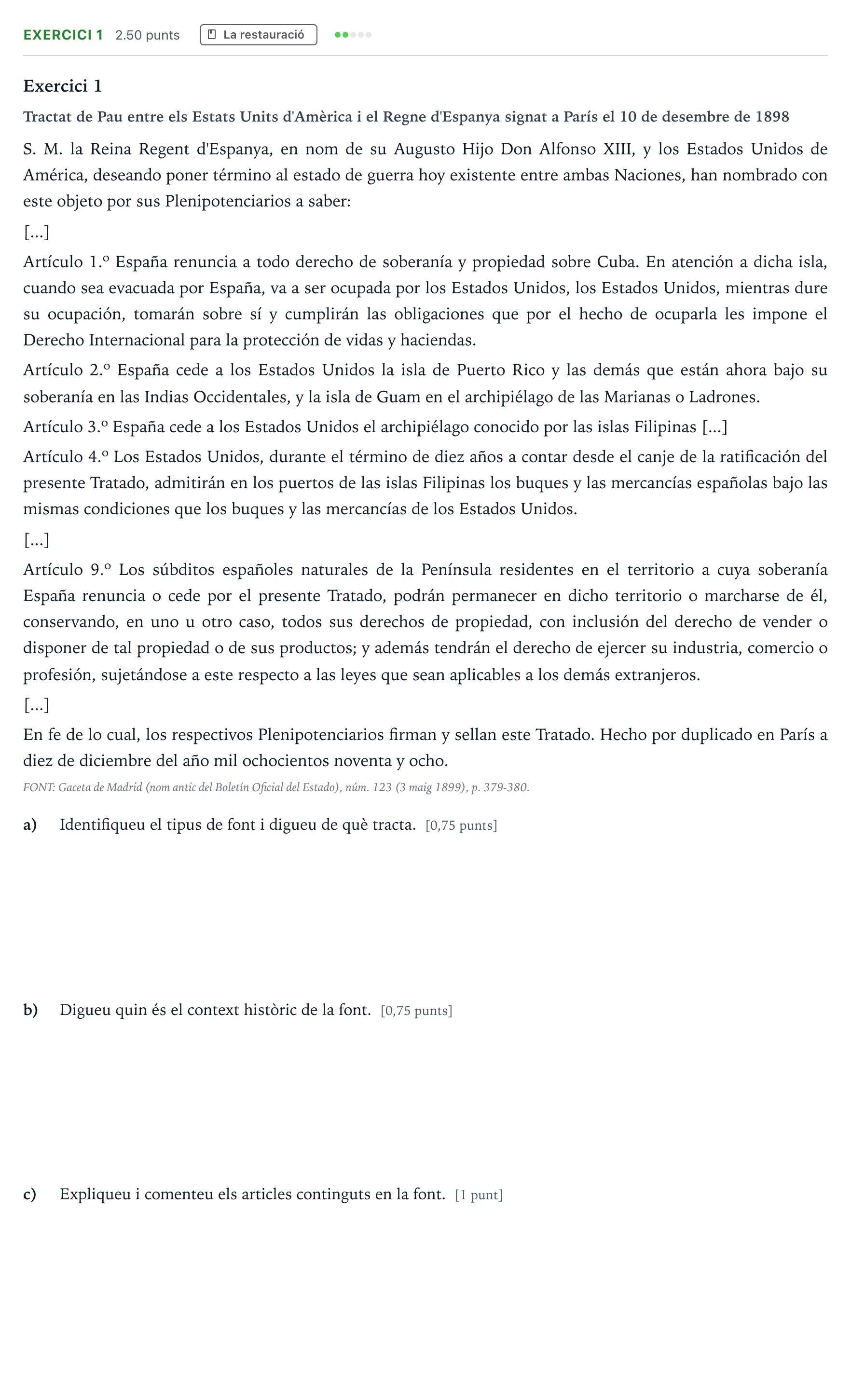 Enunciado: Exercici 1 · Historia de España Selectividad Cataluña Setembre Serie 1 2021