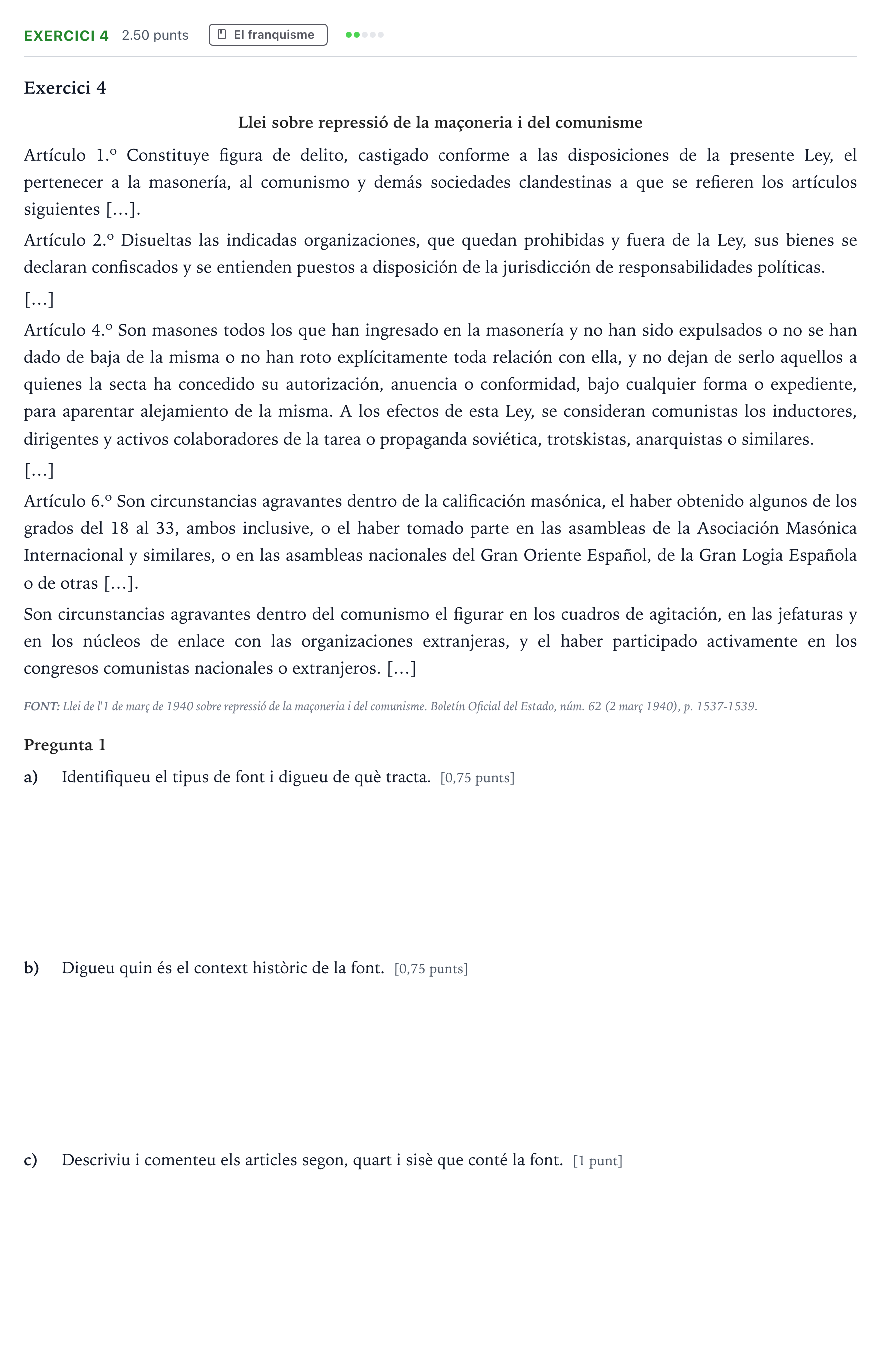 Enunciado: Exercici 4 · Historia de España Selectividad Cataluña Setembre Serie 1 2021