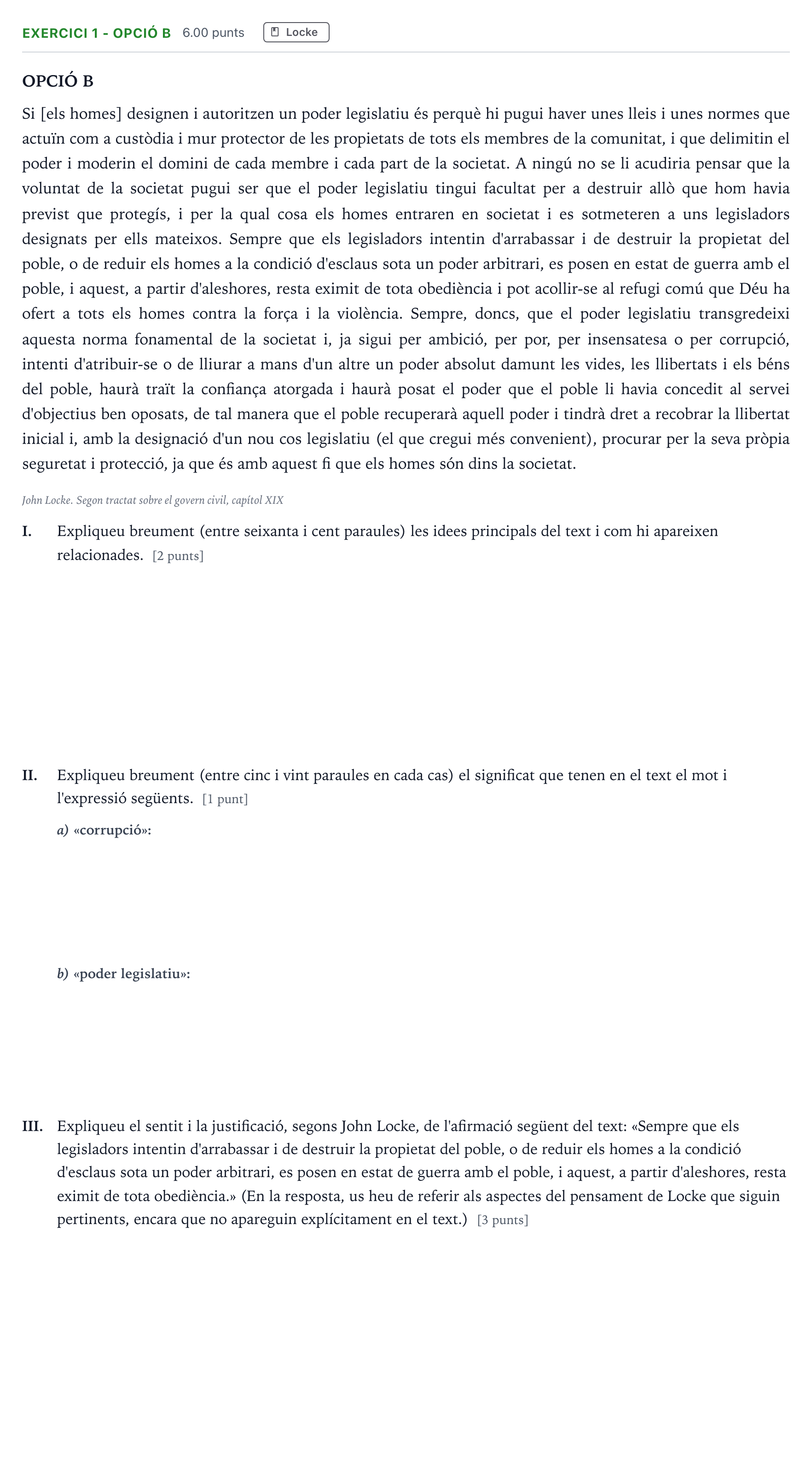 Enunciado: Exercici 1 - Opció B · Historia de la Filosofía Selectividad Cataluña Juny Serie 2 2021