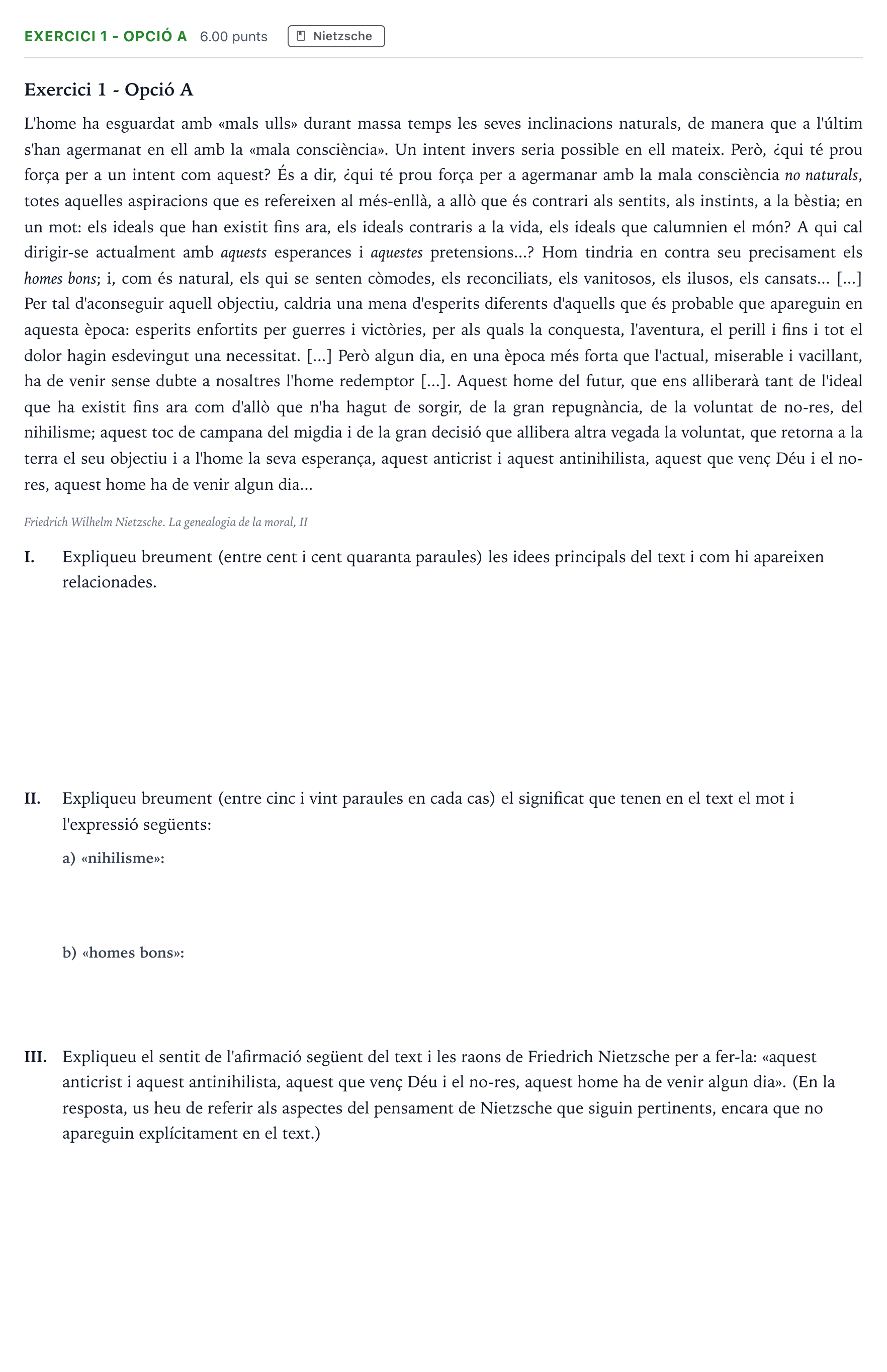 Enunciado: Exercici 1 - Opció A · Historia de la Filosofía Selectividad Cataluña Juny Serie 5 2021