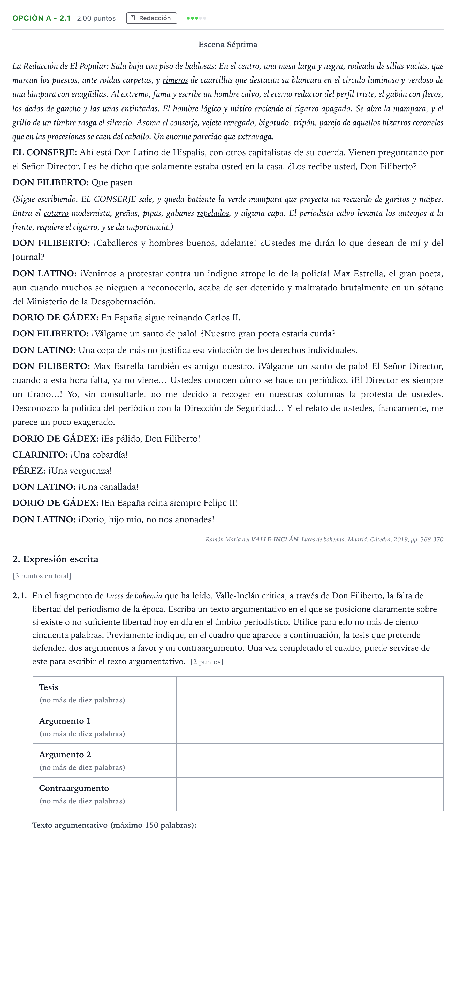 Enunciado: Opción A - 2.1 · Lengua Castellana y Literatura II Selectividad Cataluña Juny Serie 2 2021