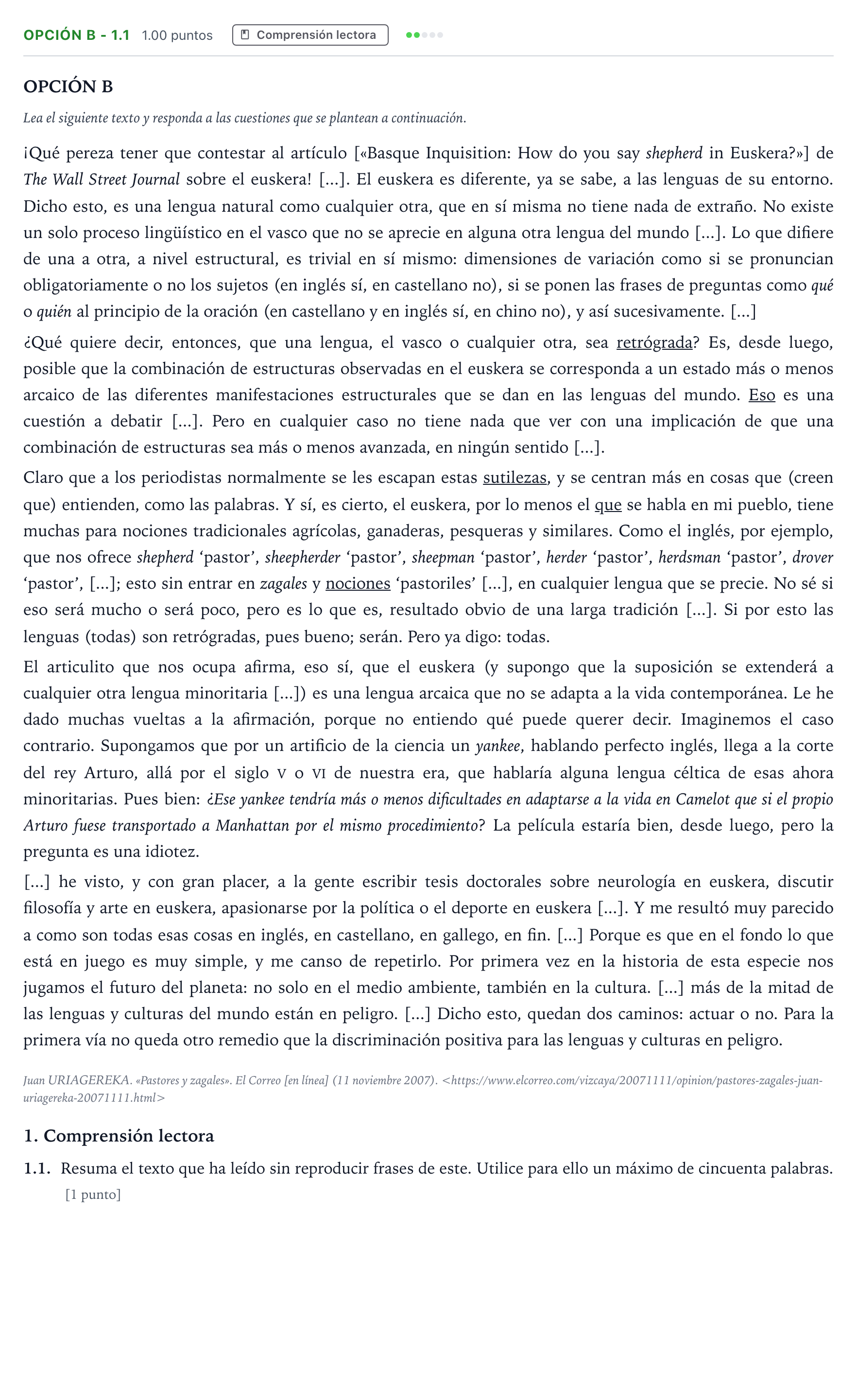 Enunciado: Opción B - 1.1 · Lengua Castellana y Literatura II Selectividad Cataluña Juny Serie 5 2021
