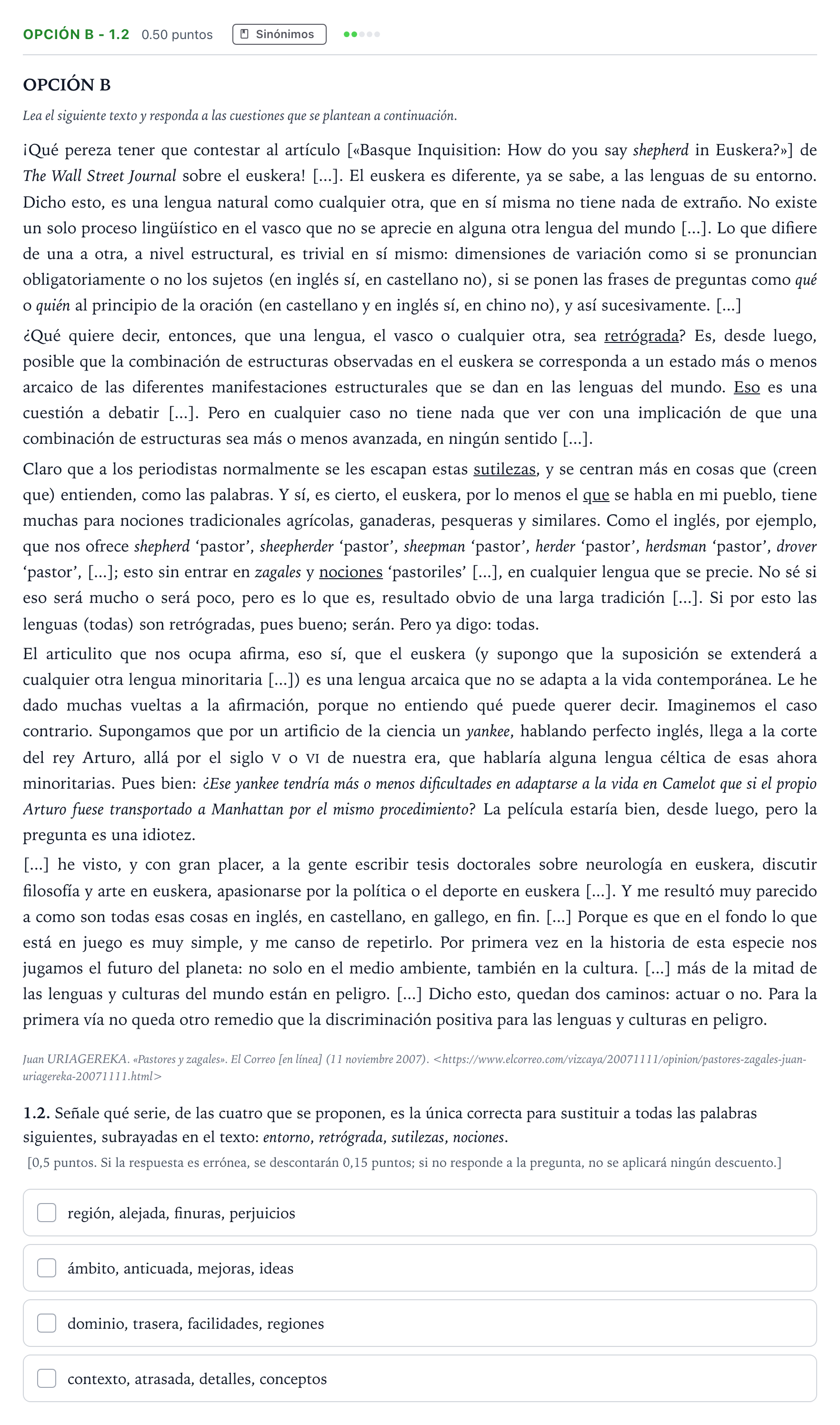 Enunciado: Opción B - 1.2 · Lengua Castellana y Literatura II Selectividad Cataluña Juny Serie 5 2021