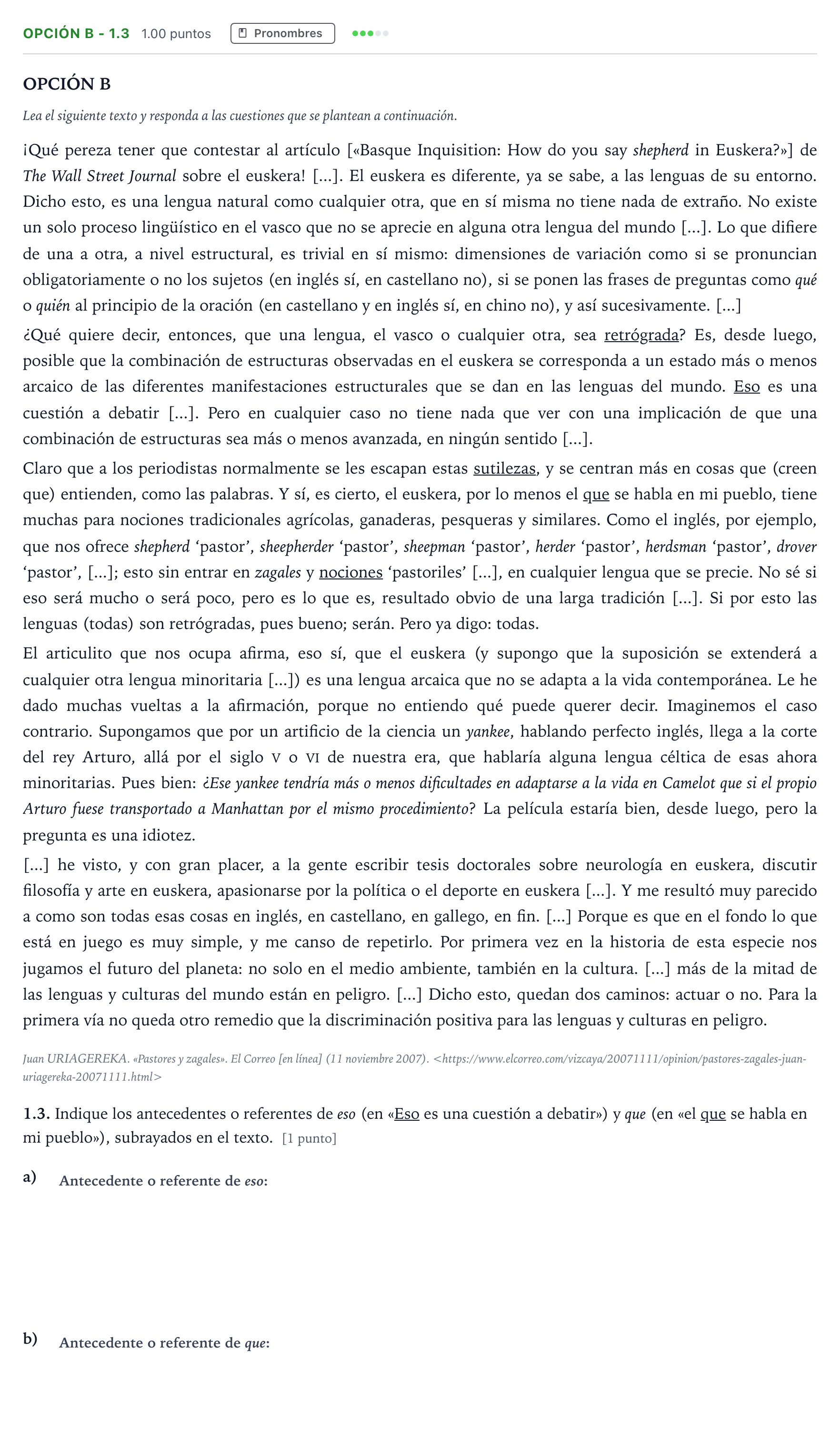Enunciado: Opción B - 1.3 · Lengua Castellana y Literatura II Selectividad Cataluña Juny Serie 5 2021