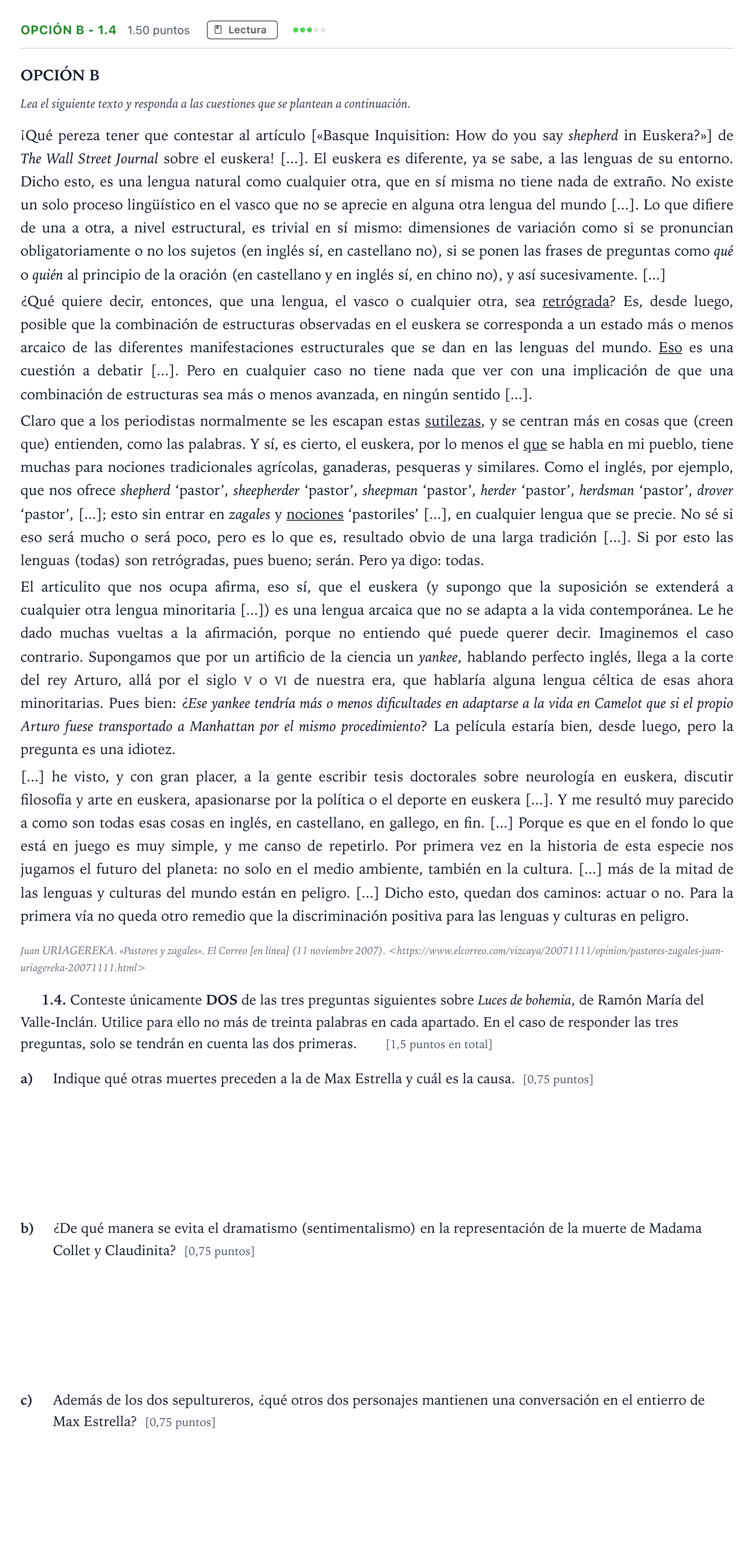 Enunciado: Opción B - 1.4 · Lengua Castellana y Literatura II Selectividad Cataluña Juny Serie 5 2021