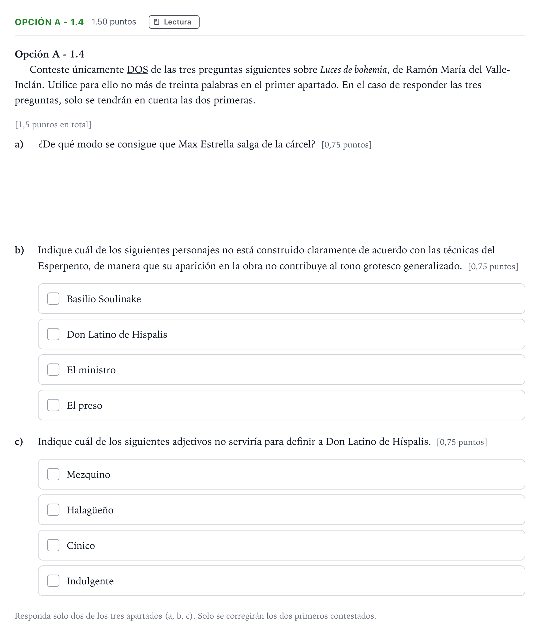 Enunciado: Opción A - 1.4 · Lengua Castellana y Literatura II Selectividad Cataluña Setembre Serie 1 2021