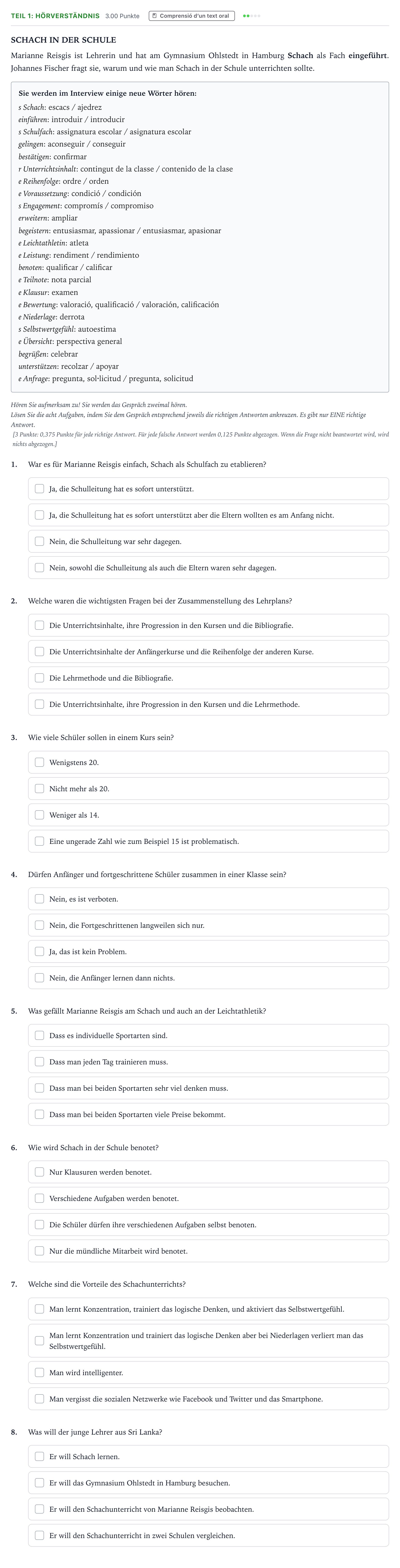 Enunciado: Ejercicio Teil 1: Hörverständnis · Alemán Selectividad Cataluña Juny Serie 5 2022