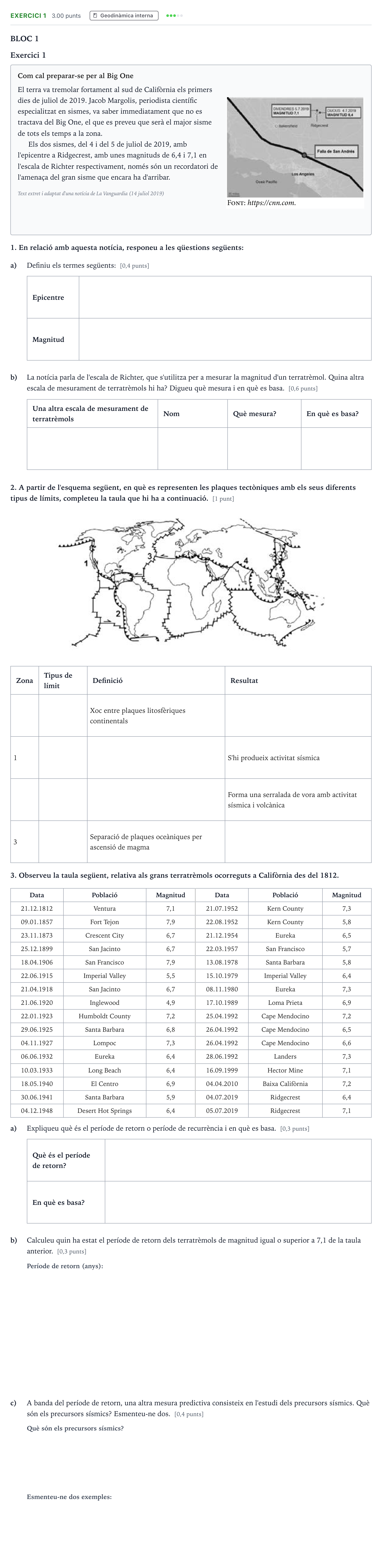 Enunciado: Exercici 1 · Ciencias de la Tierra y del Medio Ambiente Selectividad Cataluña Juny Serie 5 2022