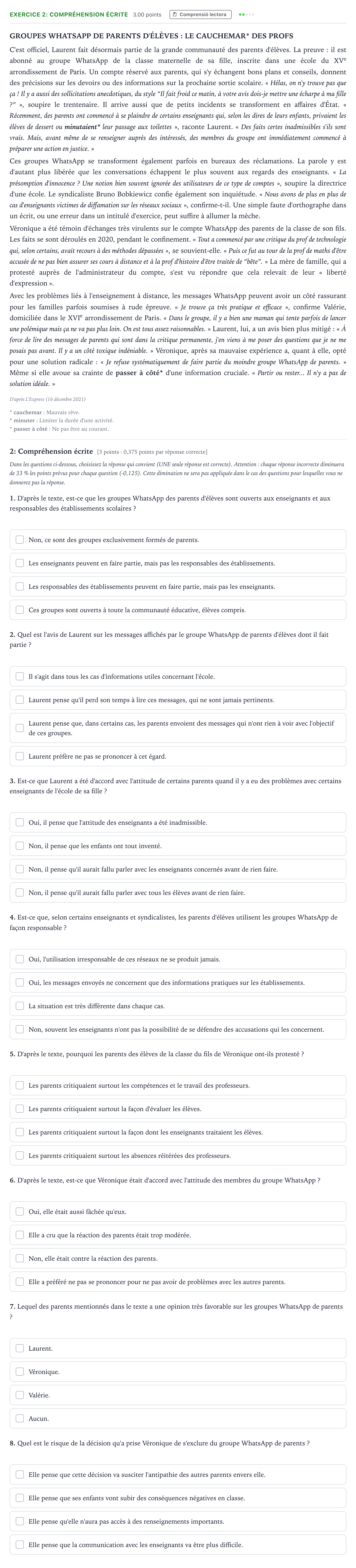 Enunciado: Ejercicio 2: Compréhension écrite · Francés Selectividad Cataluña Juny Serie 2 2022