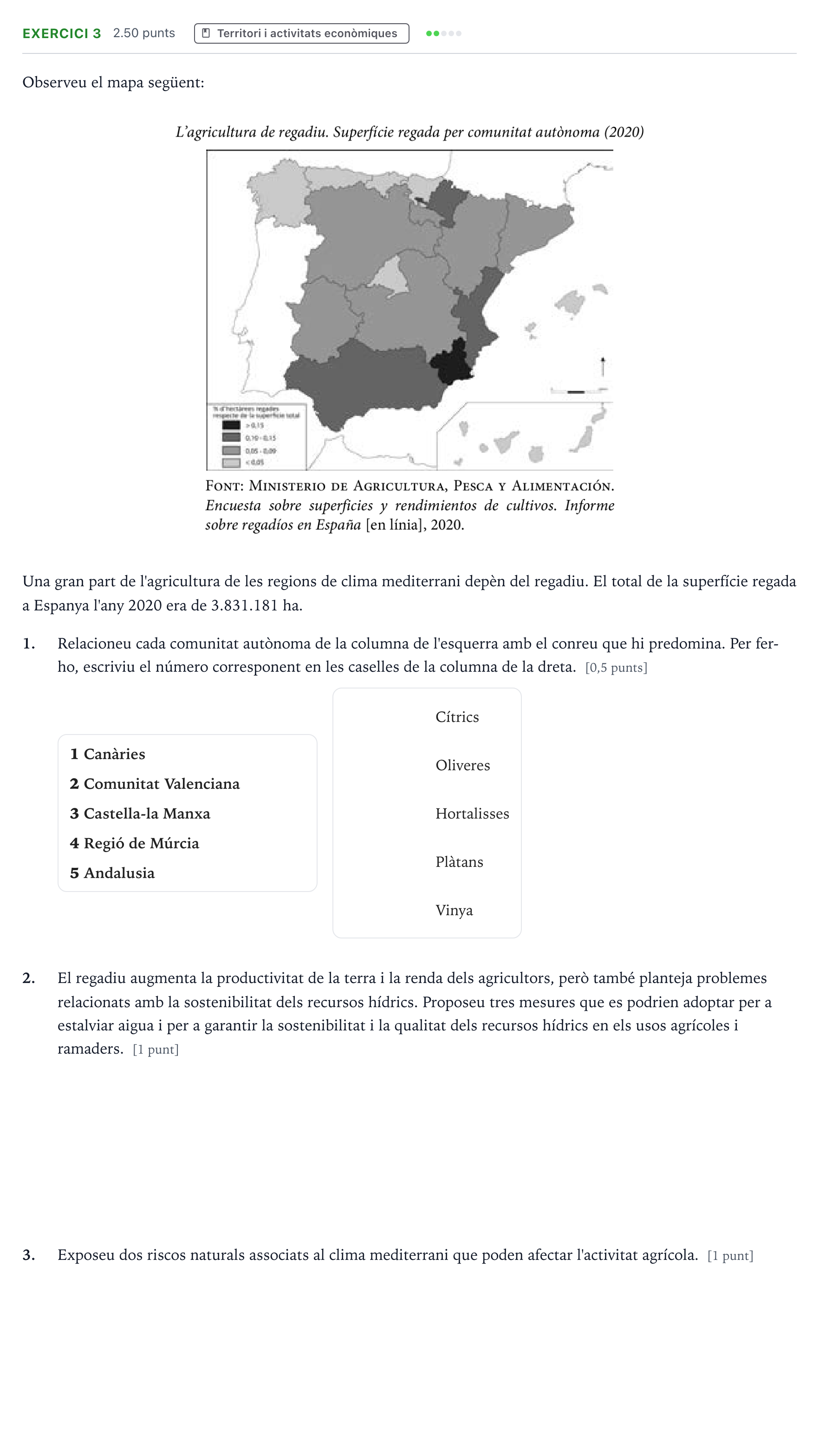Enunciado: Exercici 3 · Geografía Selectividad Cataluña Juliol Serie 2 2022