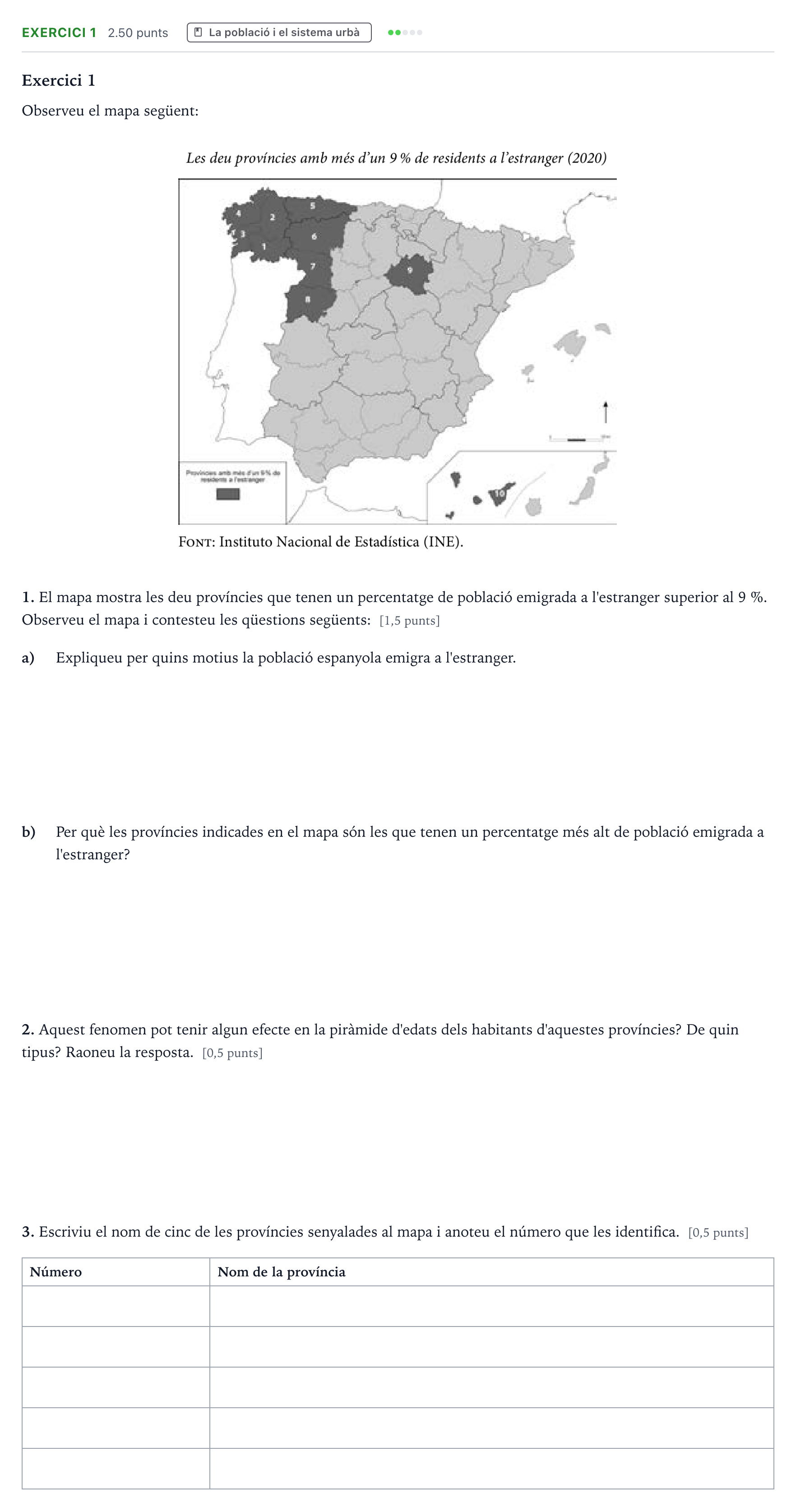 Enunciado: Exercici 1 · Geografía Selectividad Cataluña Setembre Serie 3 2022