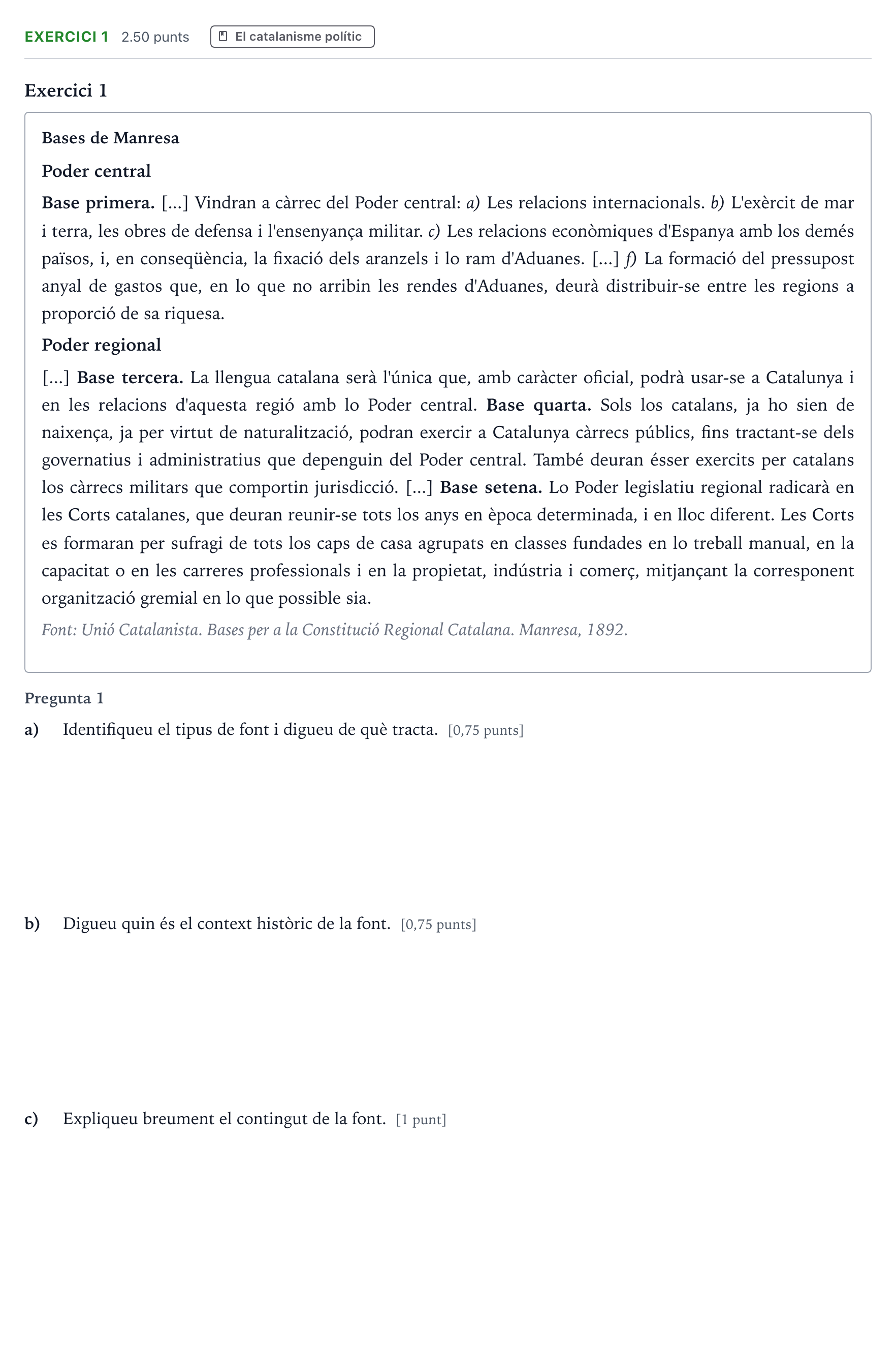 Enunciado: Exercici 1 · Historia de España Selectividad Cataluña Juny Serie 2 2022
