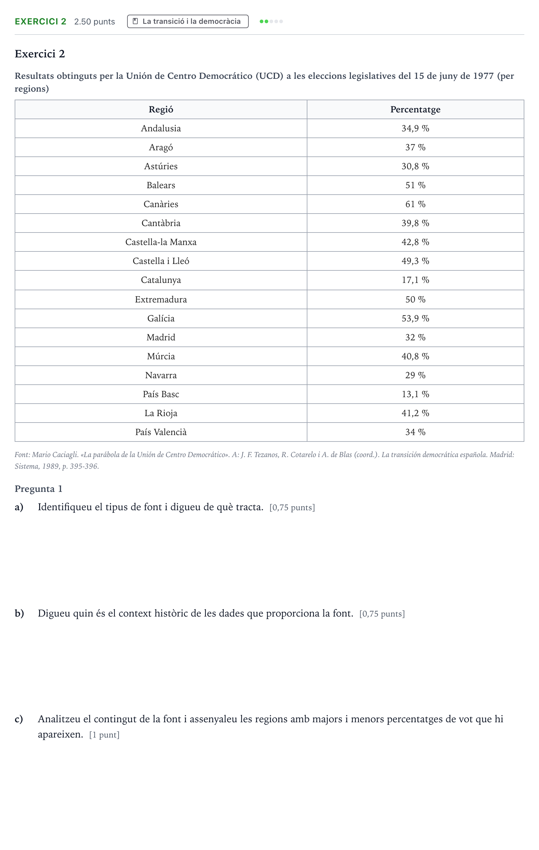 Enunciado: Exercici 2 · Historia de España Selectividad Cataluña Juny Serie 2 2022