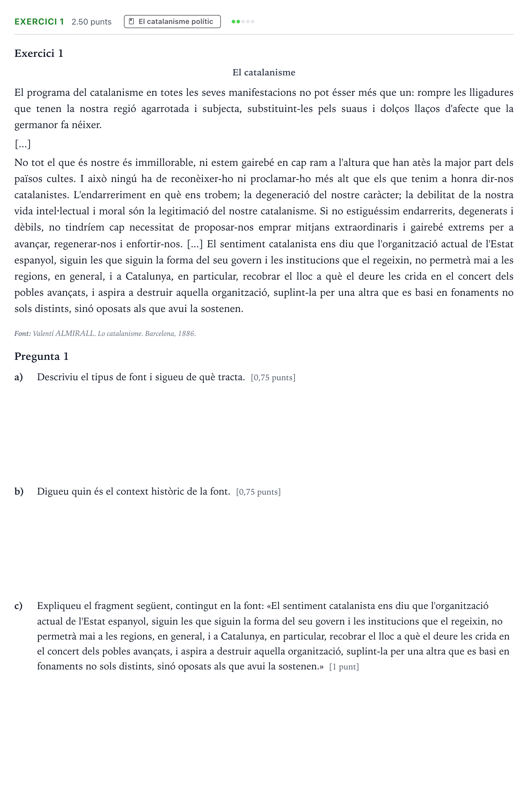 Enunciado: Exercici 1 · Historia de España Selectividad Cataluña Juny Serie 5 2022