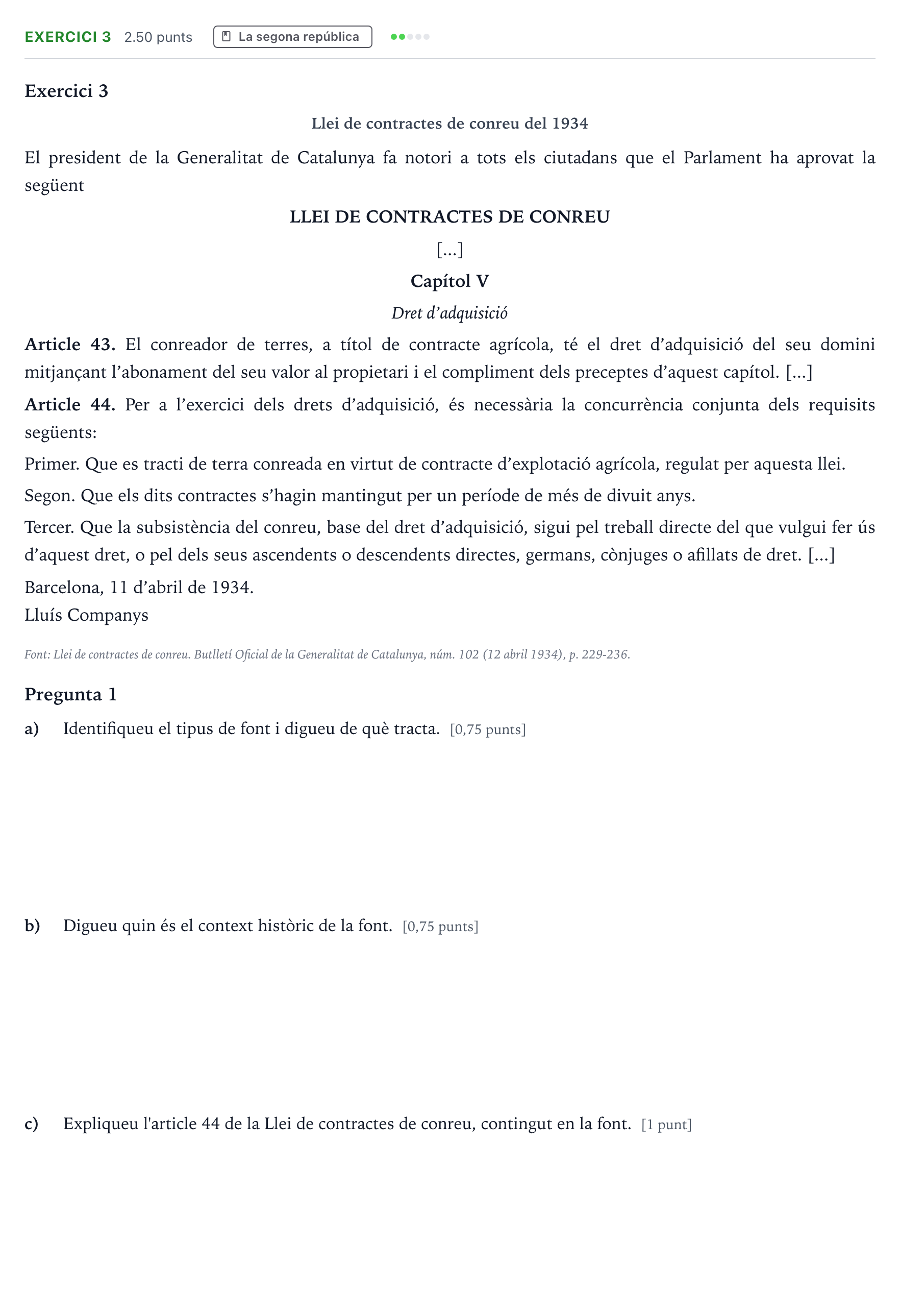 Enunciado: Exercici 3 · Historia de España Selectividad Cataluña Juny Serie 5 2022
