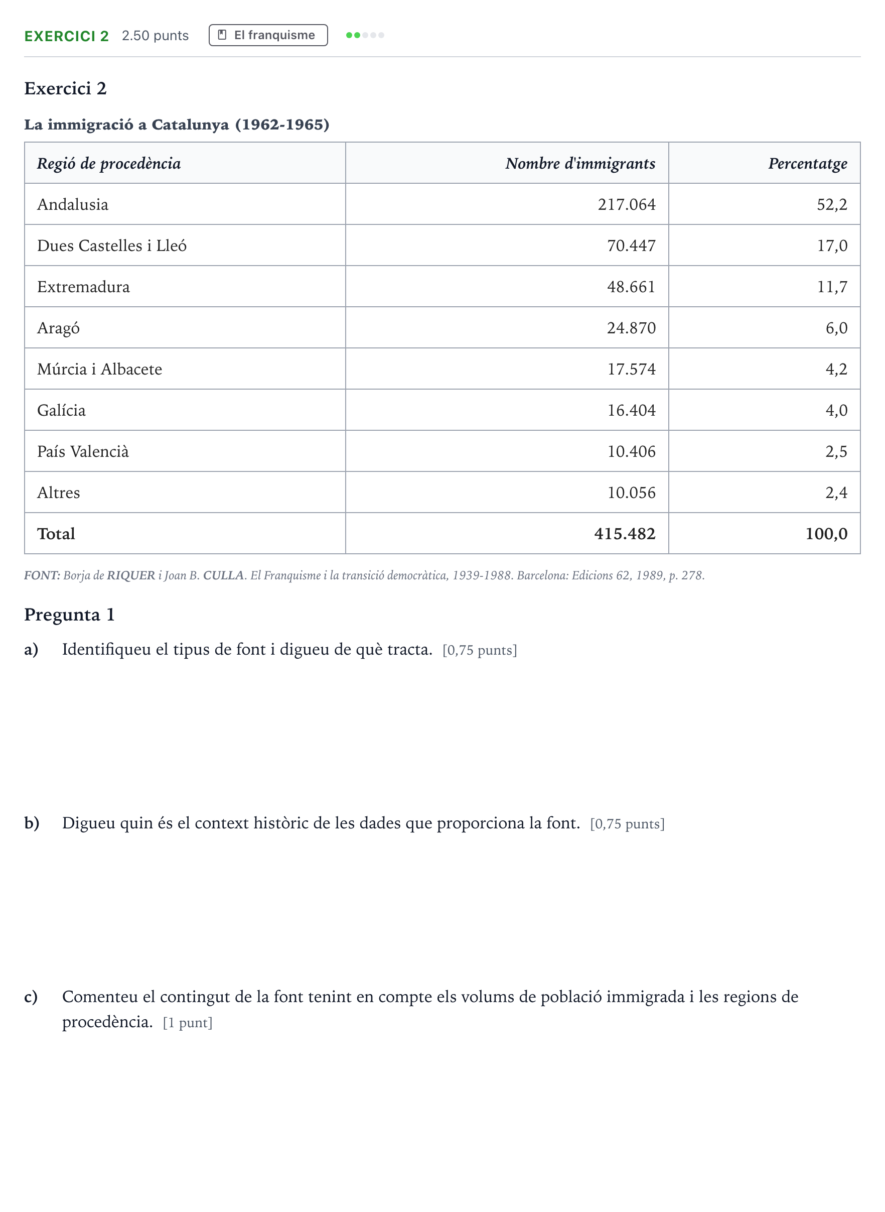 Enunciado: Exercici 2 · Historia de España Selectividad Cataluña Setembre Serie 3 2022