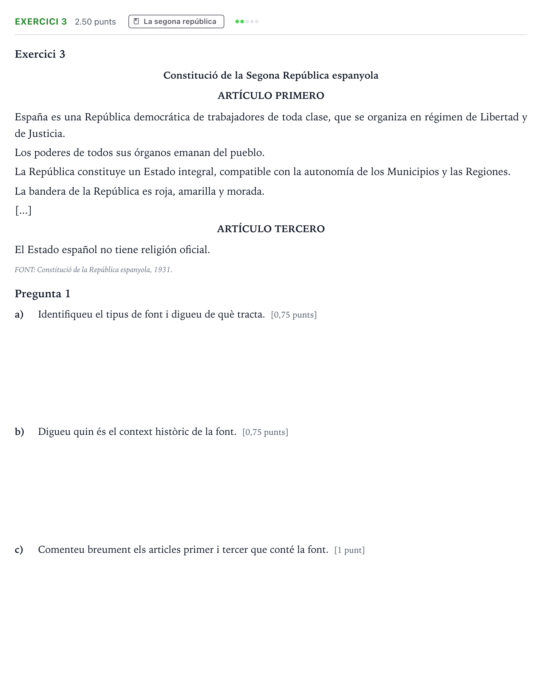 Enunciado: Exercici 3 · Historia de España Selectividad Cataluña Setembre Serie 3 2022