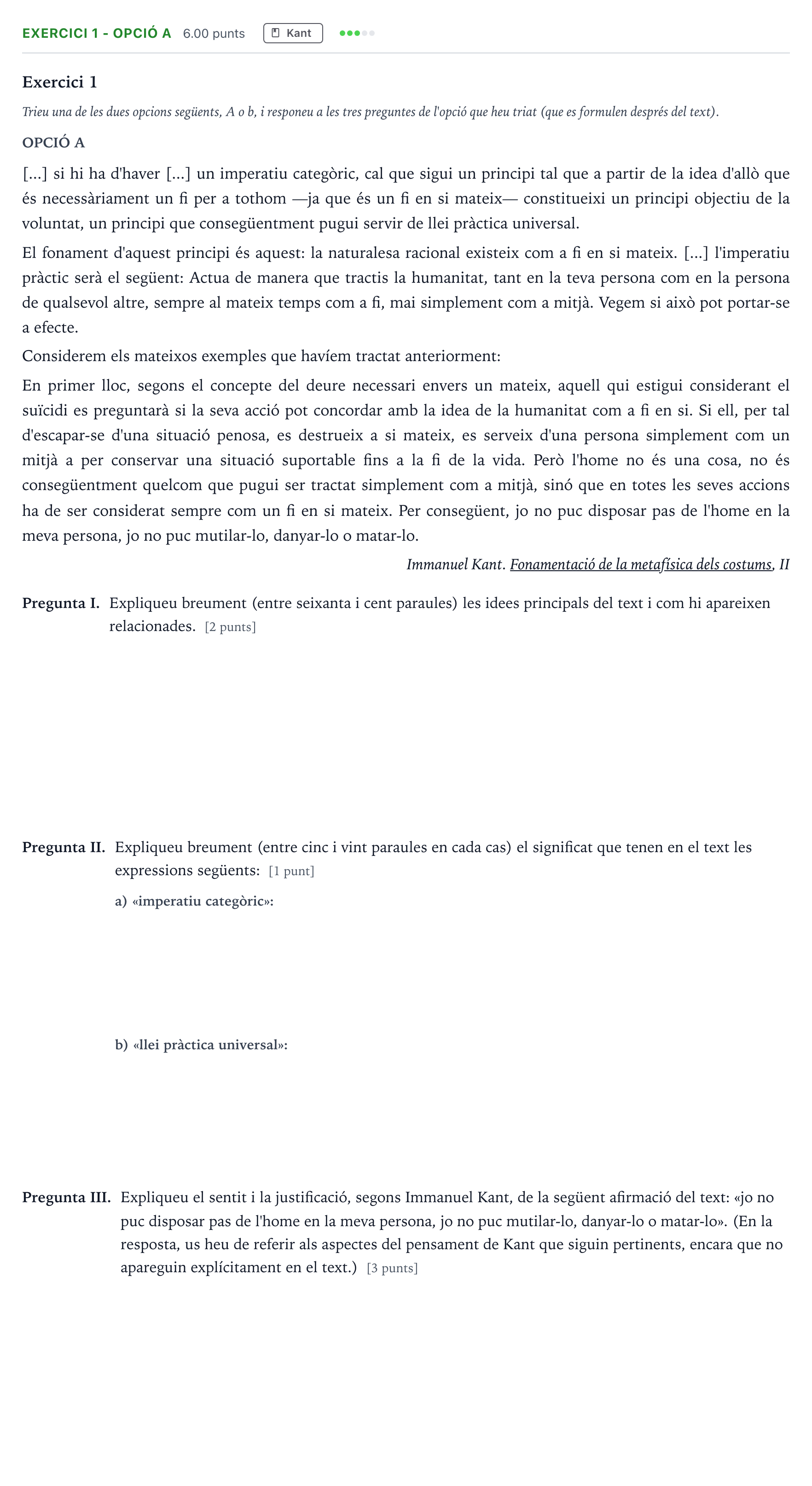 Enunciado: Exercici 1 - Opció A · Historia de la Filosofía Selectividad Cataluña Juny Serie 2 2022