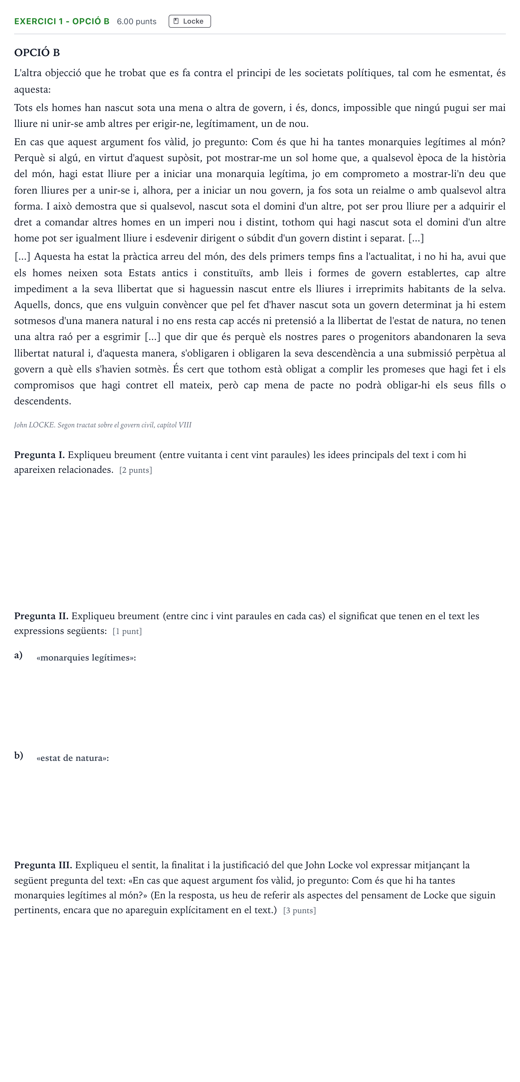 Enunciado: Exercici 1 - Opció B · Historia de la Filosofía Selectividad Cataluña Juny Serie 5 2022