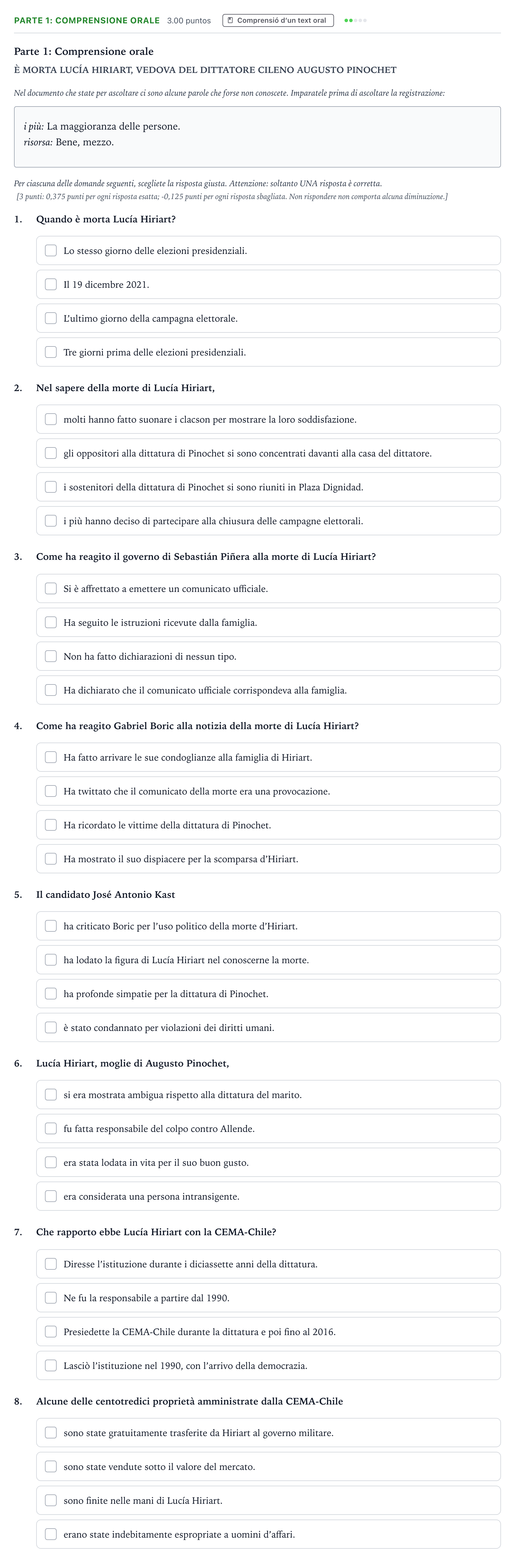 Enunciado: Ejercicio Parte 1: Comprensione orale · Italiano Selectividad Cataluña Setembre Serie 3 2022