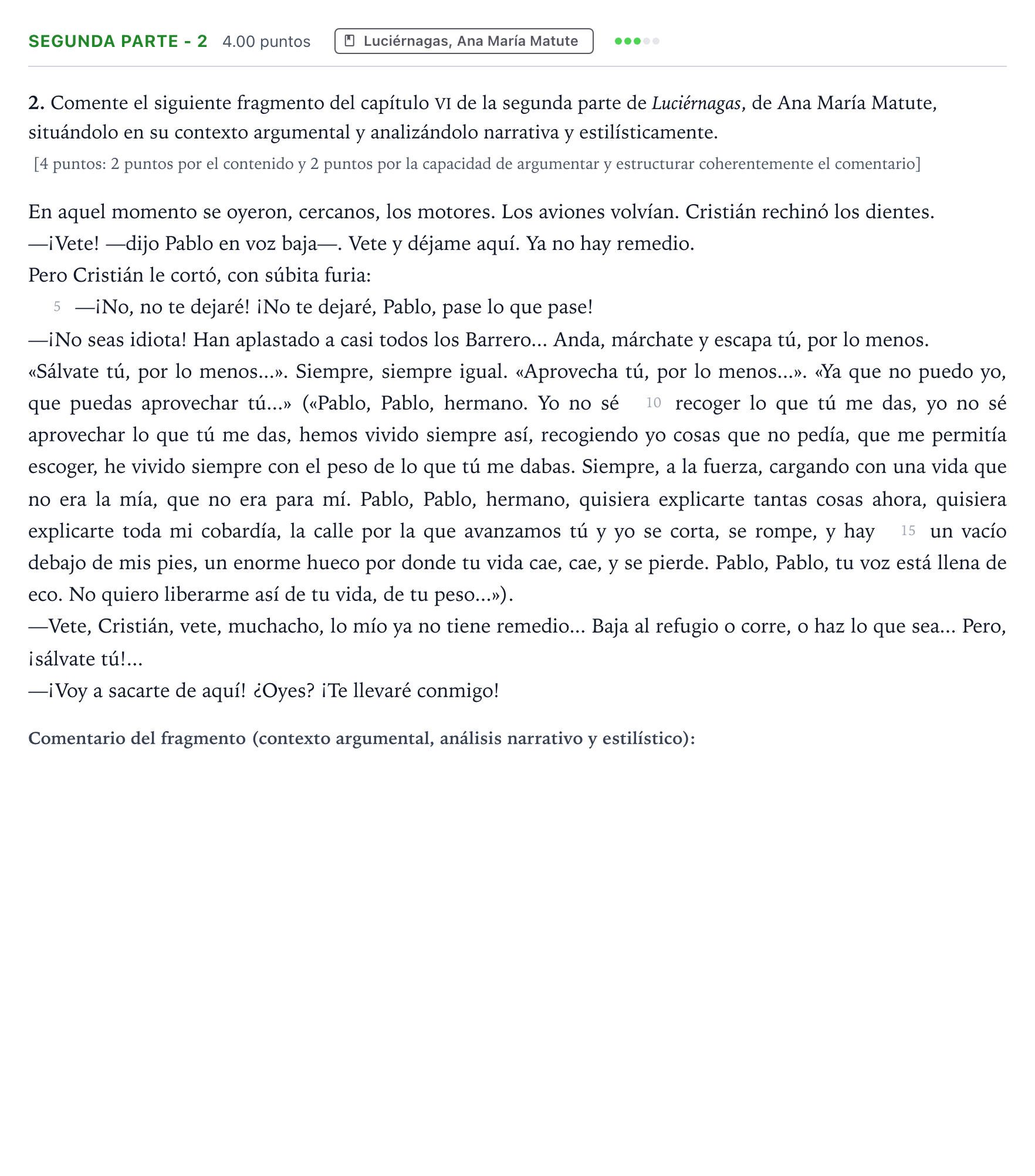Enunciado: Ejercicio Segunda parte - 2 · Literatura castellana Selectividad Cataluña Juny Serie 5 2022