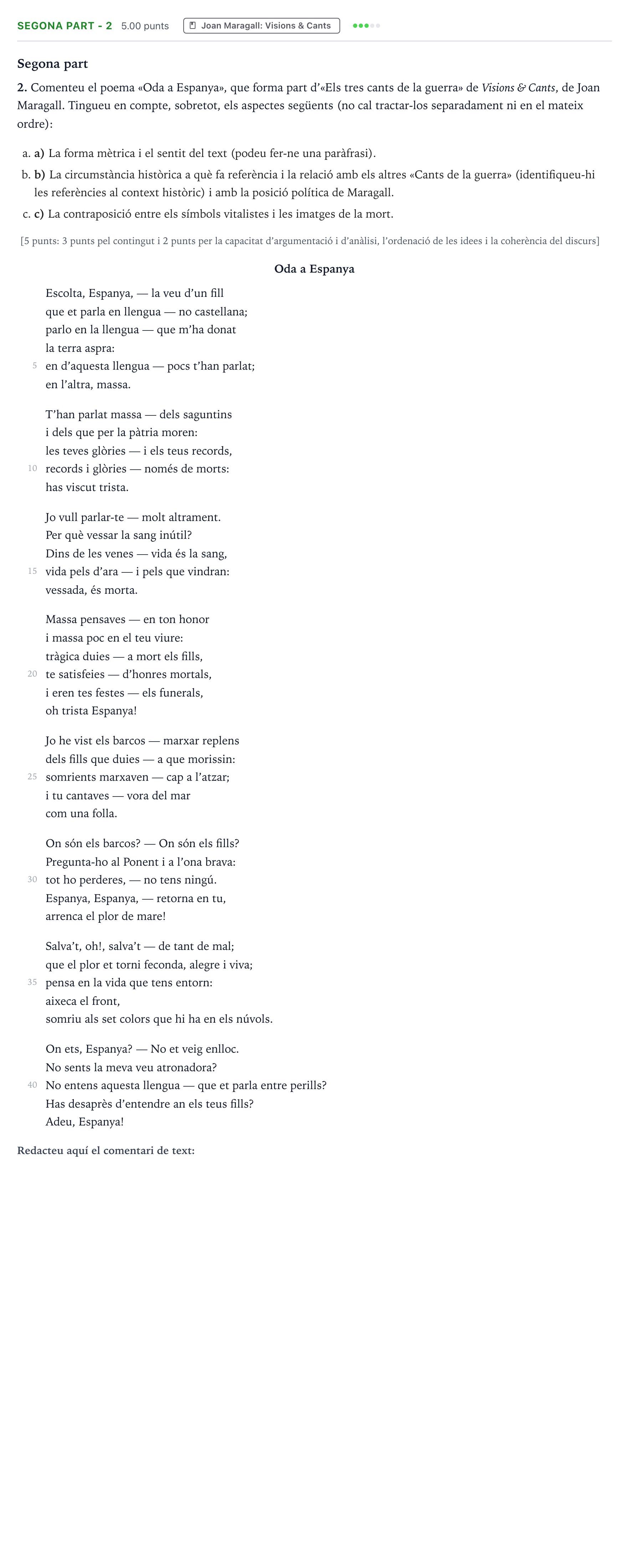 Enunciado: Ejercicio Segona part - 2 · Literatura Catalana Selectividad Cataluña Juny Serie 2 2022