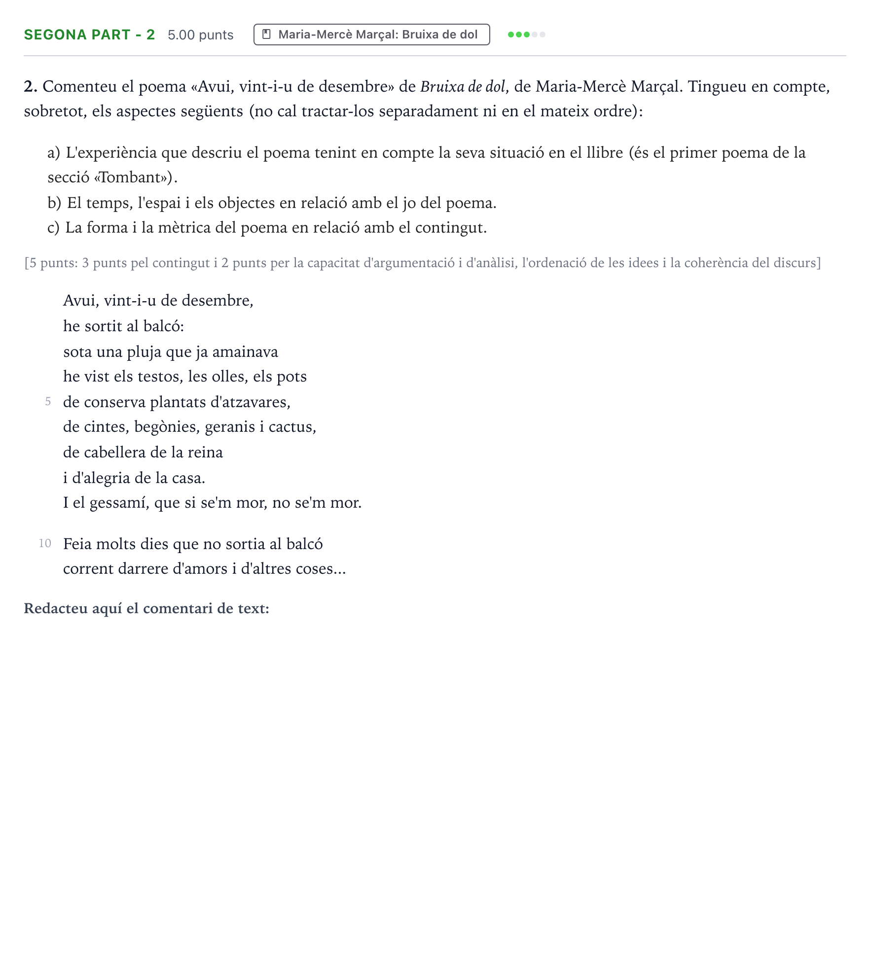 Enunciado: Ejercicio Segona part - 2 · Literatura Catalana Selectividad Cataluña Setembre Serie 3 2022